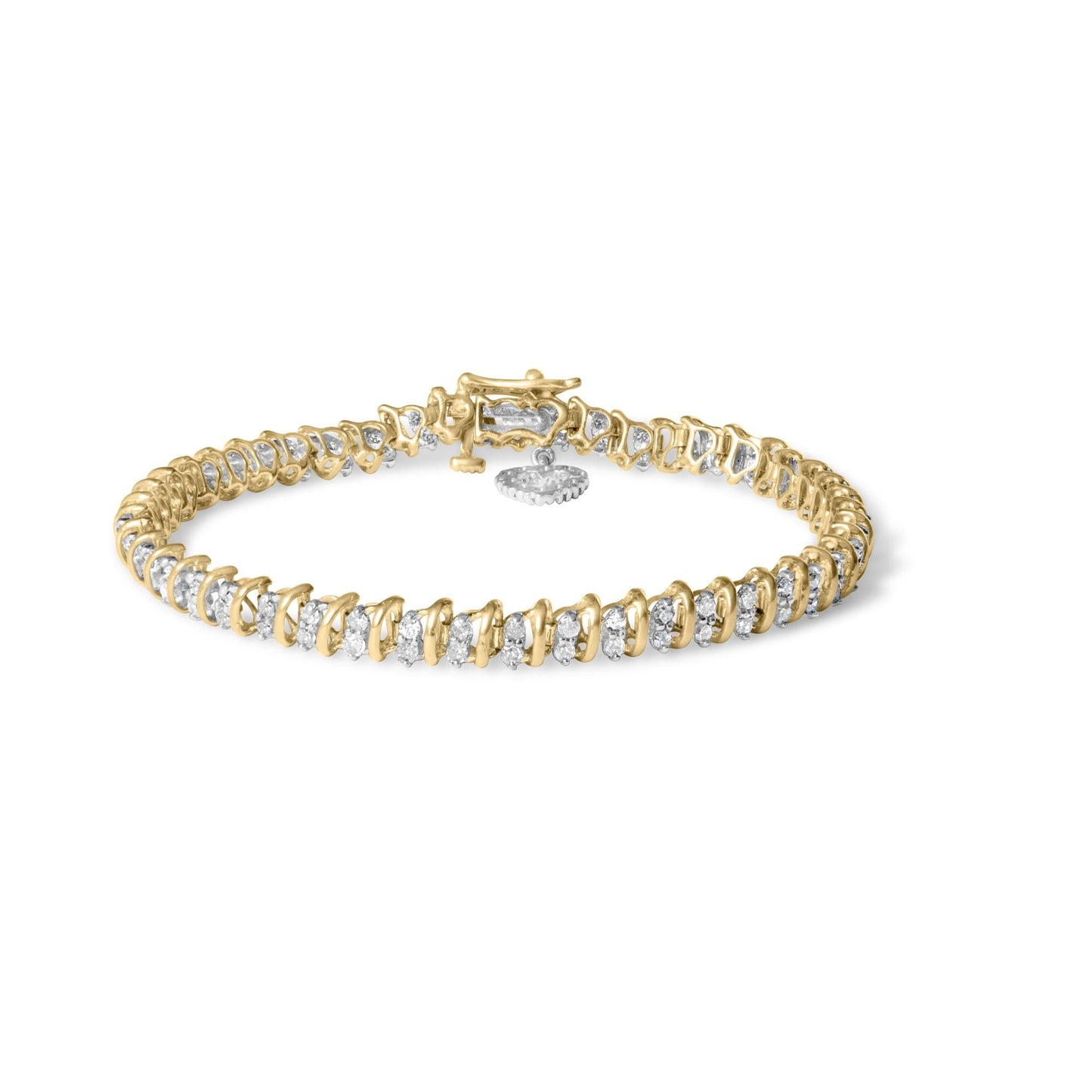 10K Yellow Gold over .925 Sterling Silver 2.0 Cttw Diamond Heart Charm 7" Link Bracelet (I-J Color, I3 Clarity)-0