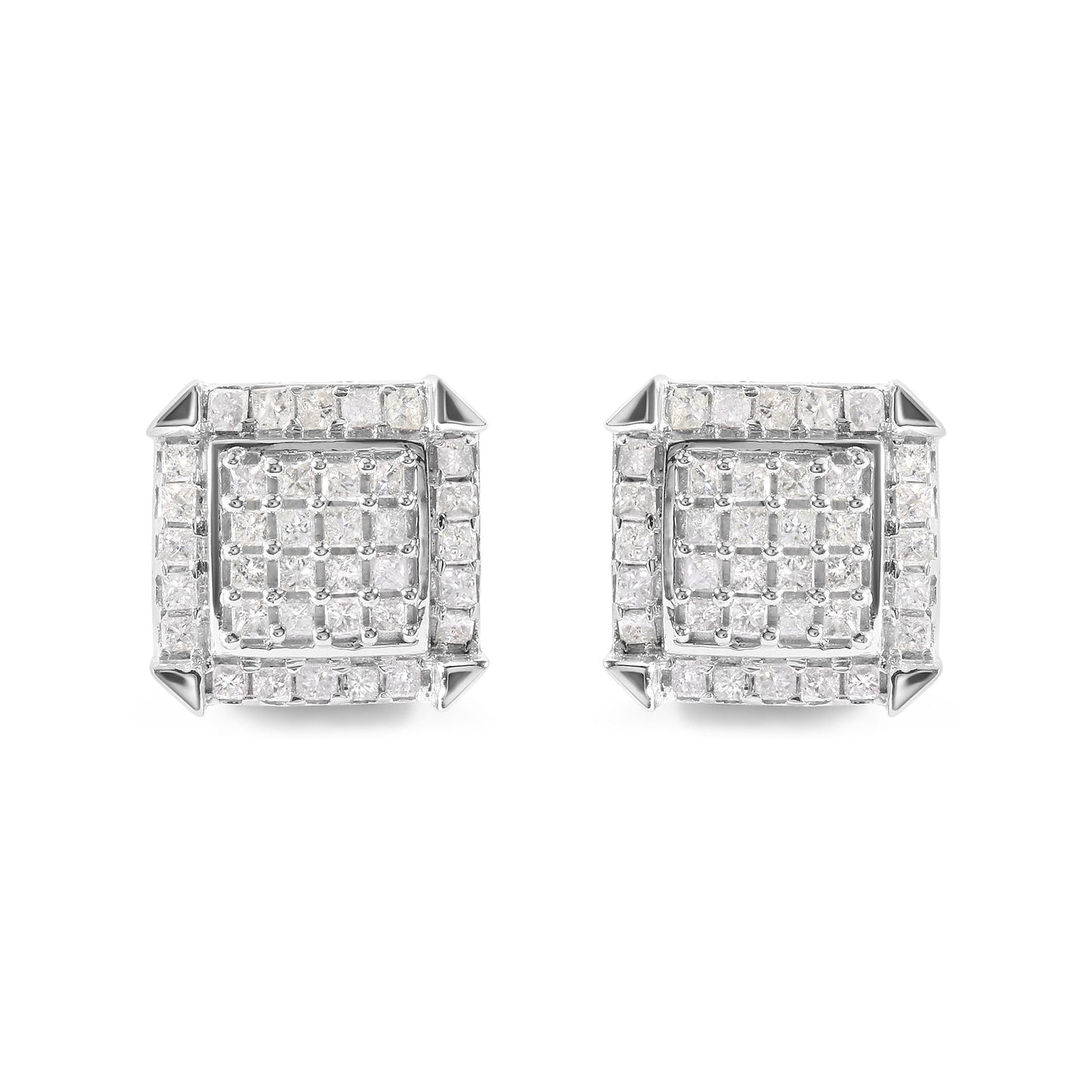 10K White Gold 1 1/10 Cttw Princess Diamond Composite and Halo Stud Earrings (I-J Color, I1-I2 Clarity)-0