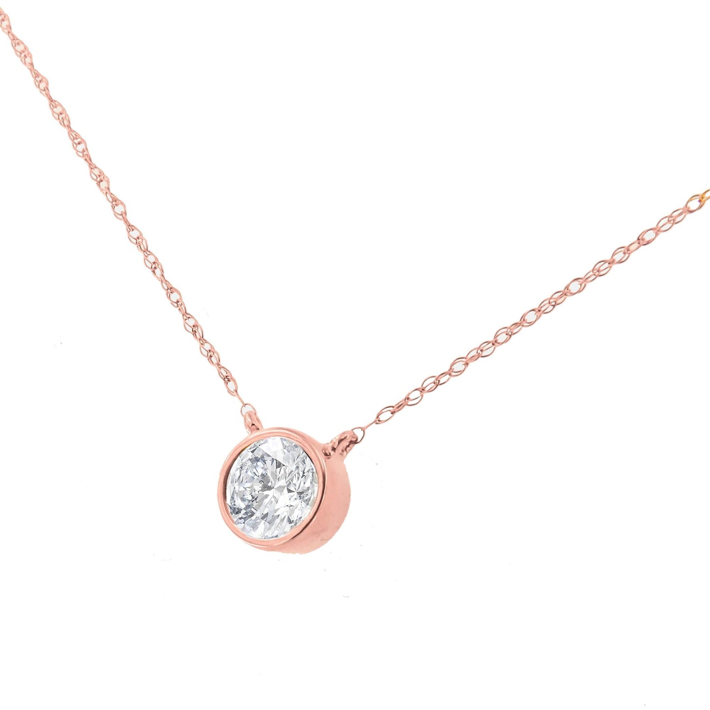 AGS Certified 10K Rose Gold 1/5 Cttw Bezel Set Round Diamond Solitaire 16-18" Adjustable Pendant Necklace (I-J Color, VS1-VS2 Clarity)-0