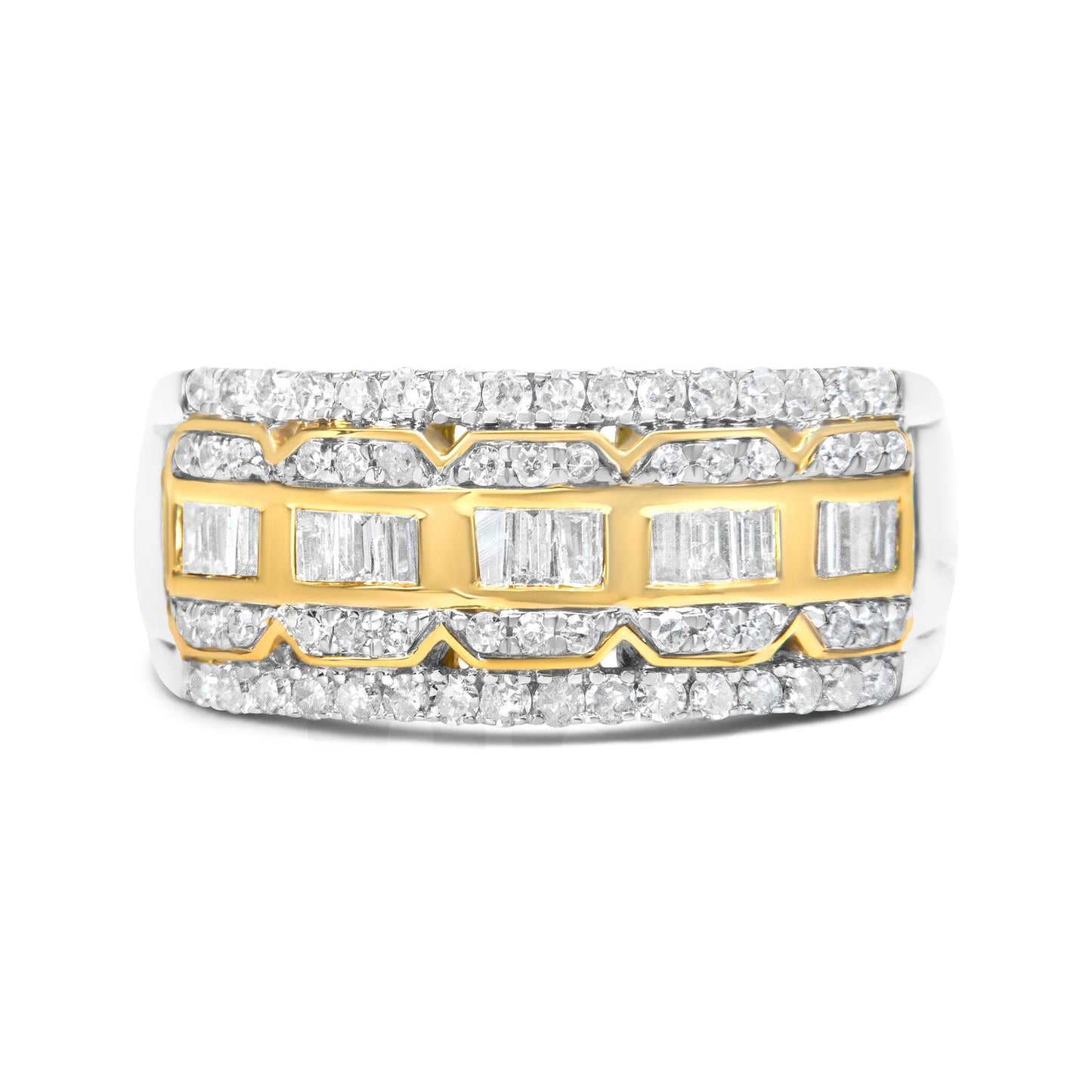 10K White and Yellow Gold 1.00 Cttw Baguette and Round cut Diamond Art Deco Multi-Row Ring Band (I-J Color, I1-I2 Clarity)-3