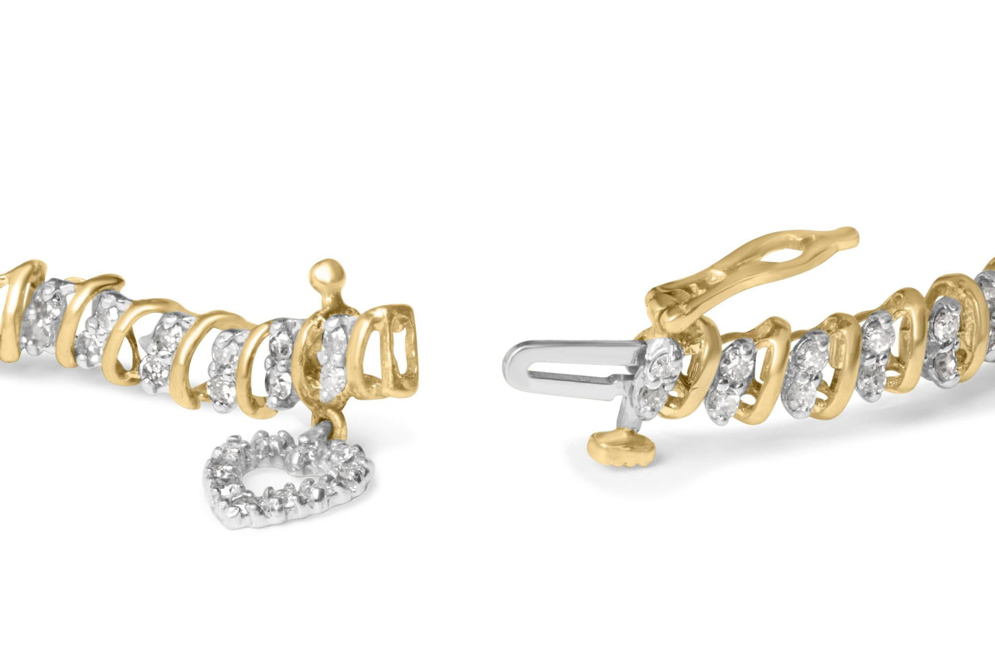 10K Yellow Gold over .925 Sterling Silver 2.0 Cttw Diamond Heart Charm 7" Link Bracelet (I-J Color, I3 Clarity)-1