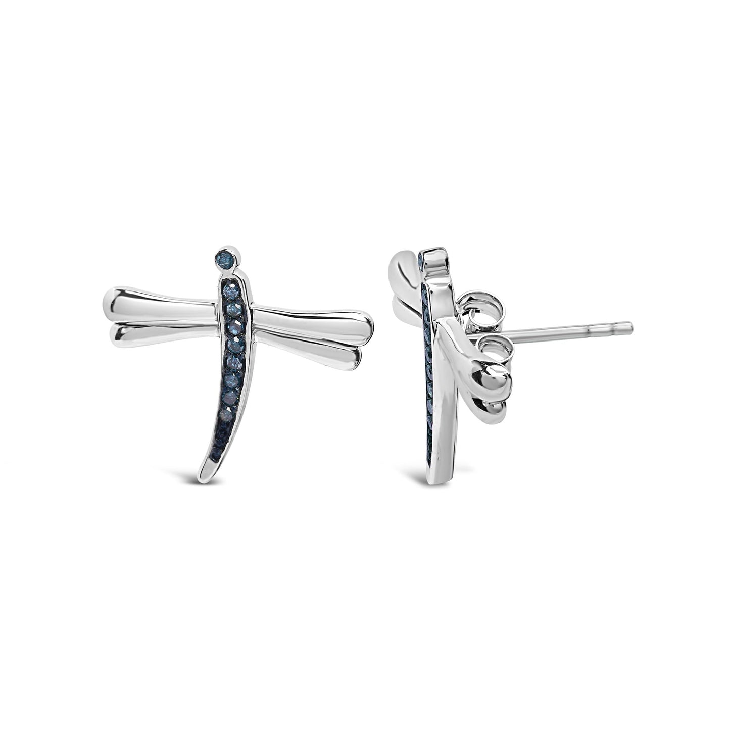 .925 Sterling Silver Blue Diamond Accent Dragonfly Stud Earrings (Blue Color, I2-I3 Clarity)-1