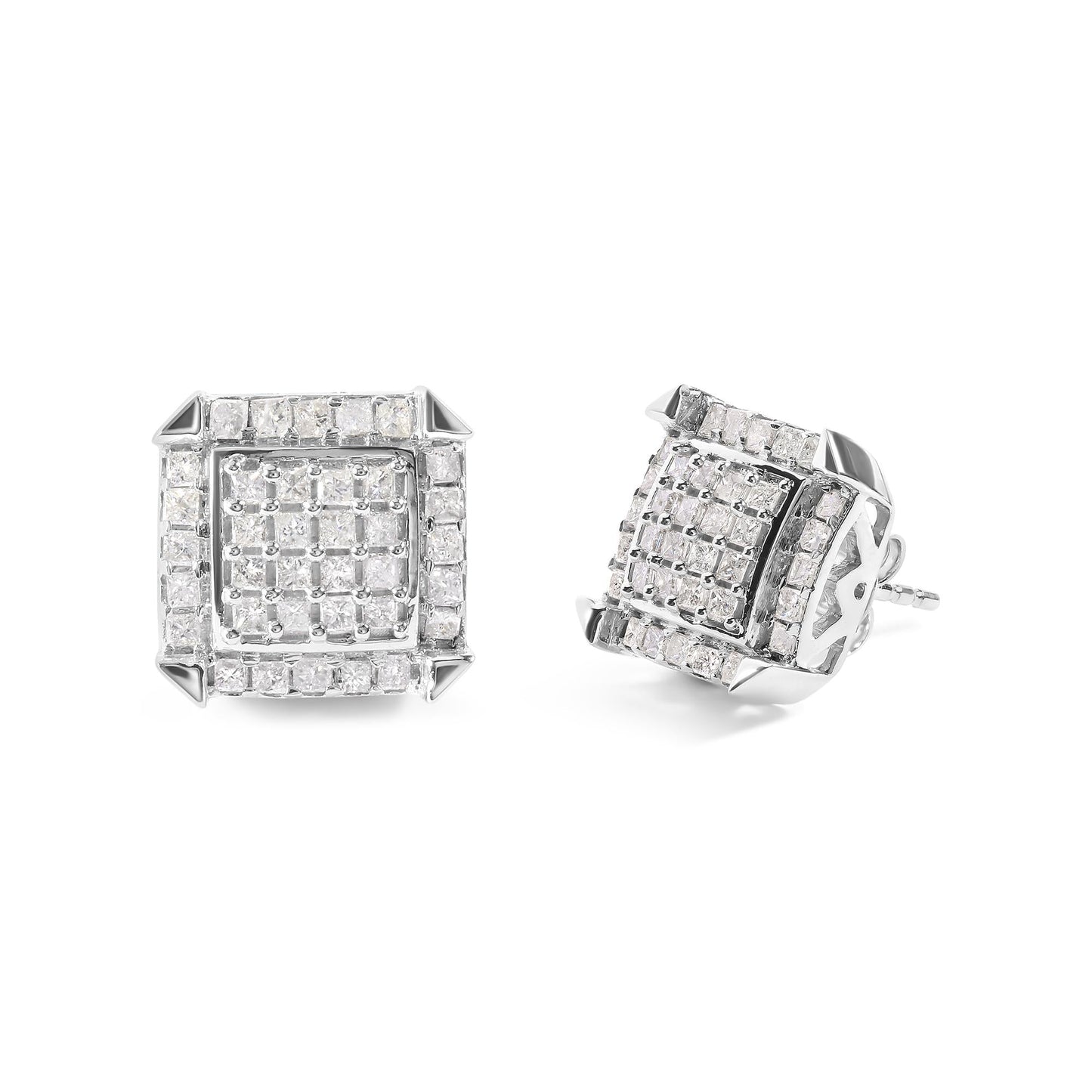 10K White Gold 1 1/10 Cttw Princess Diamond Composite and Halo Stud Earrings (I-J Color, I1-I2 Clarity)-1