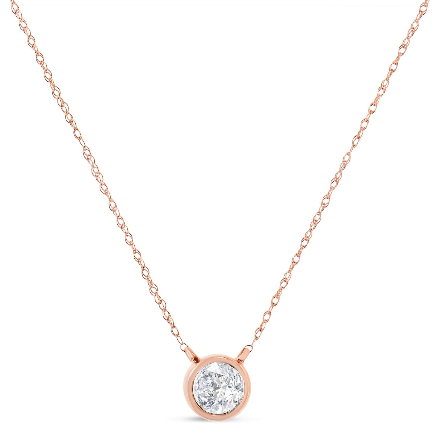 AGS Certified 10K Rose Gold 1/5 Cttw Bezel Set Round Diamond Solitaire 16-18" Adjustable Pendant Necklace (I-J Color, VS1-VS2 Clarity)-1