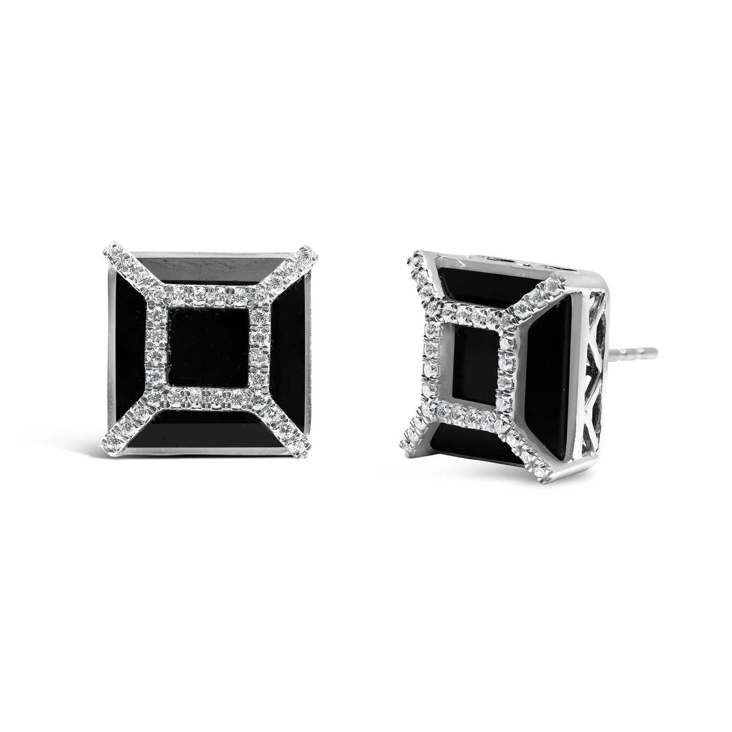 14K White Gold 3/8ct Diamond with 11x11MM Black Onyx Stud Earrings (G-H Color, SI1-SI2 Clarity)-1