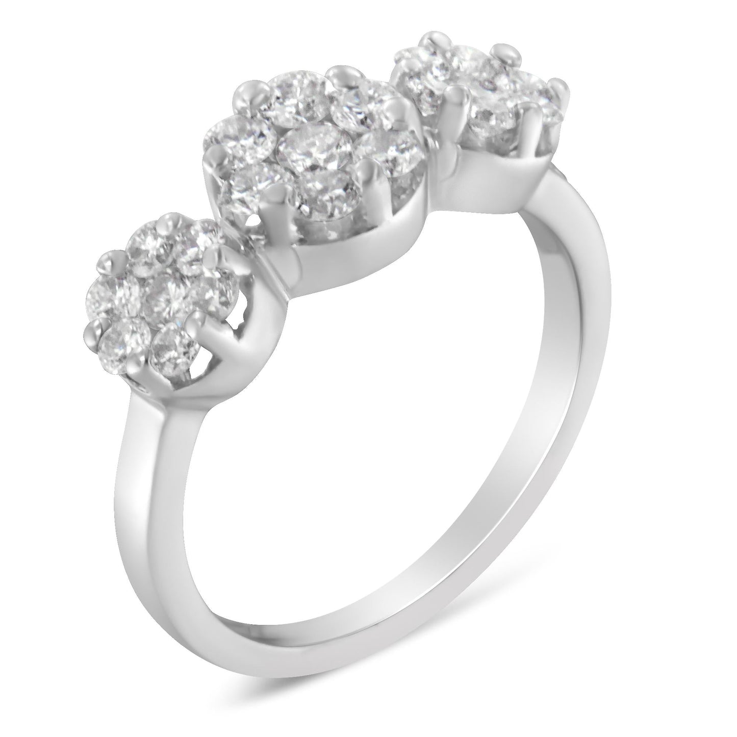 14K White Gold 1-1/4 Cttw Brilliant Cut Diamond Three Round Floral Clusters Engagement or Fashion Ring (H-I Color, SI2-I1 Clarity)-2