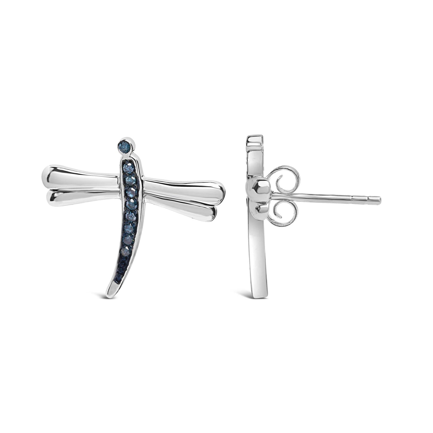 .925 Sterling Silver Blue Diamond Accent Dragonfly Stud Earrings (Blue Color, I2-I3 Clarity)-2