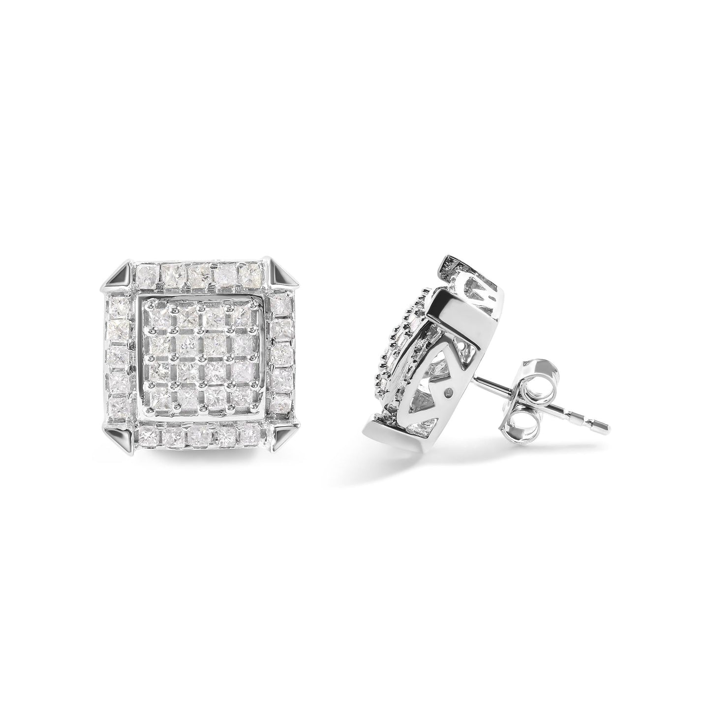 10K White Gold 1 1/10 Cttw Princess Diamond Composite and Halo Stud Earrings (I-J Color, I1-I2 Clarity)-2