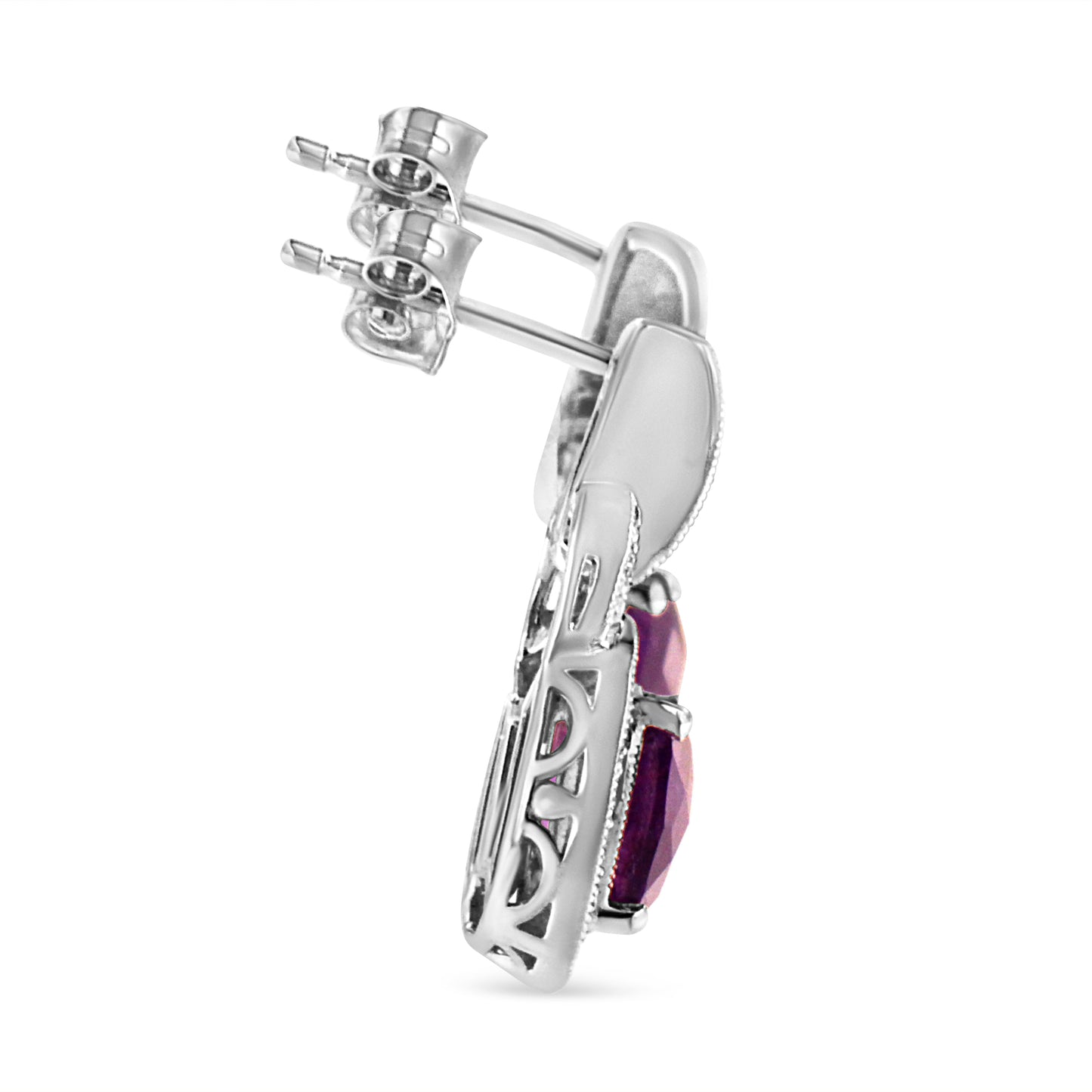 .925 Sterling Silver 8MM Natural Cushion Shaped Amethyst and Diamond Accent Halo with Push Back Dangle Earrings (I-J Color, I2-I3 Clarity)-2