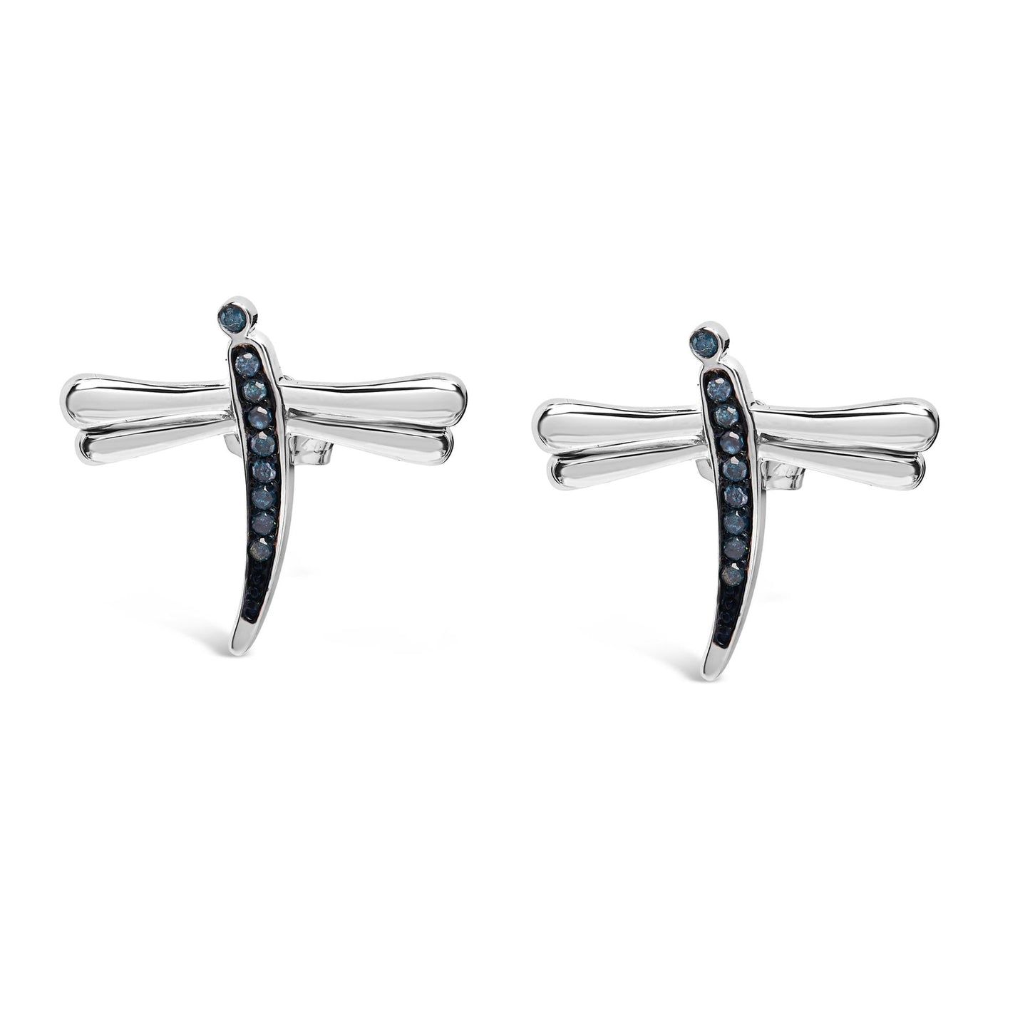 .925 Sterling Silver Blue Diamond Accent Dragonfly Stud Earrings (Blue Color, I2-I3 Clarity)-3