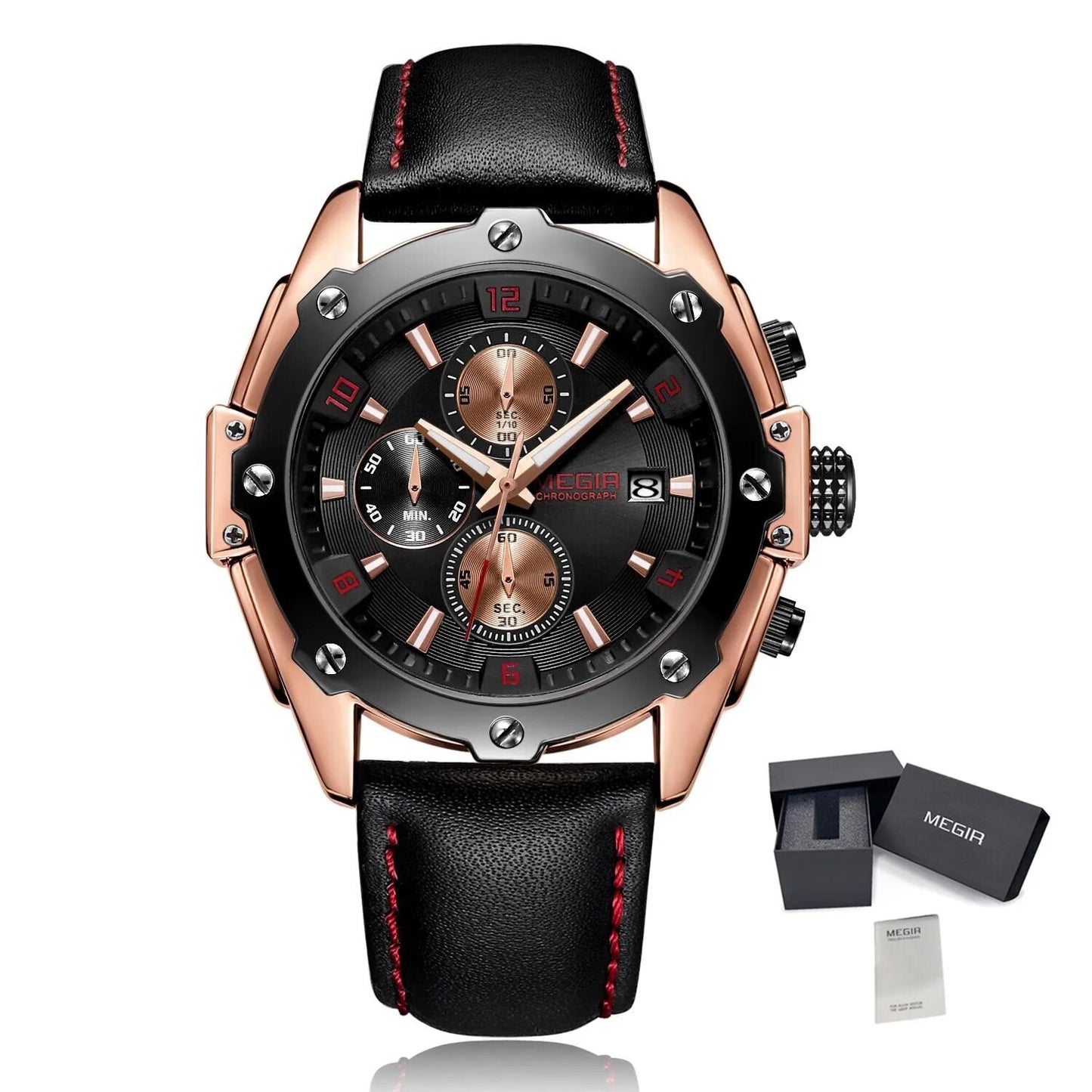 MEGIR Black Mens Watches Top Brand Luxury Chronograph Sports Quartz Wrist Watch Man Clock Waterproof Army Military Wristwatches-10