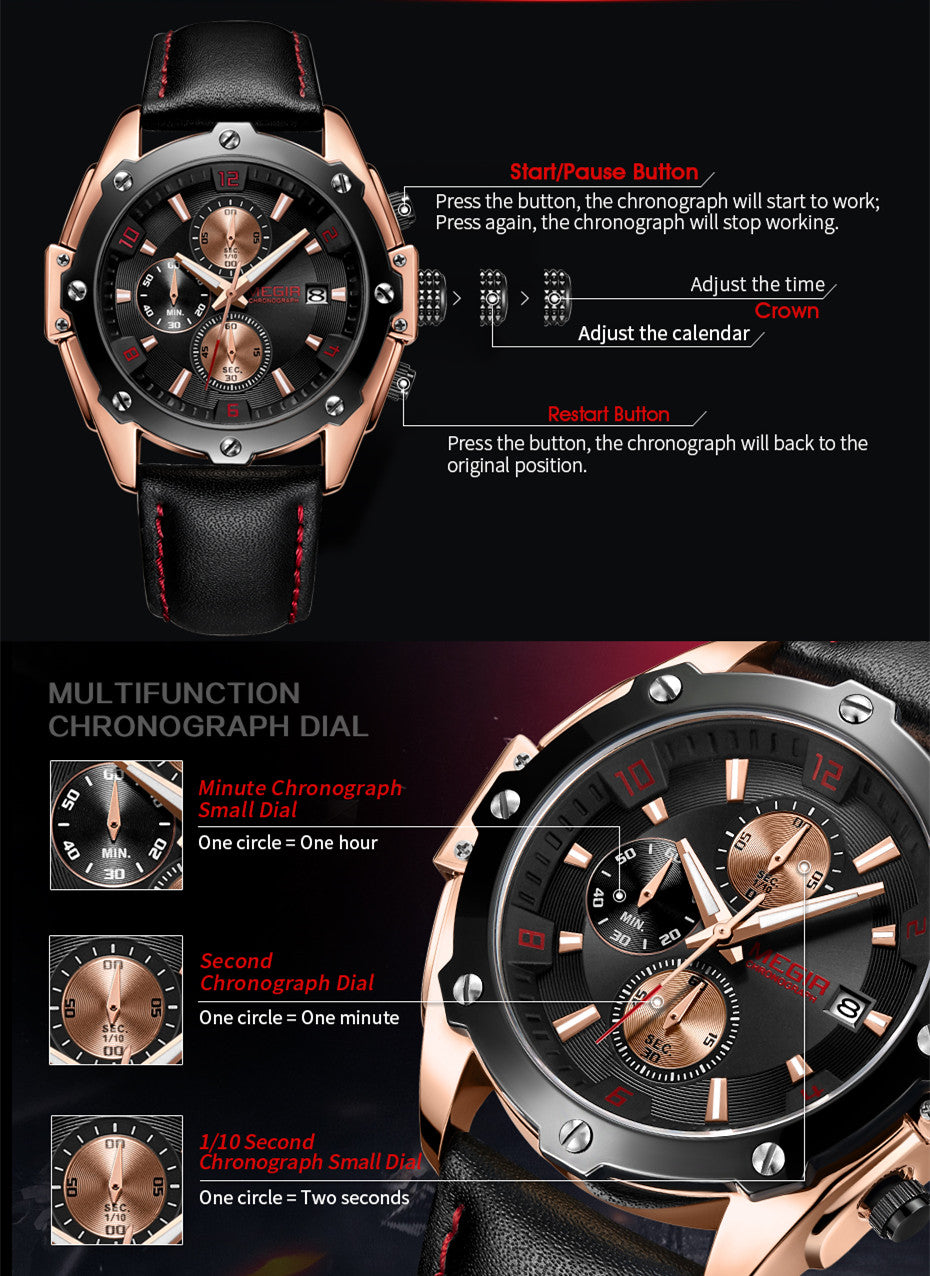 MEGIR Black Mens Watches Top Brand Luxury Chronograph Sports Quartz Wrist Watch Man Clock Waterproof Army Military Wristwatches-8