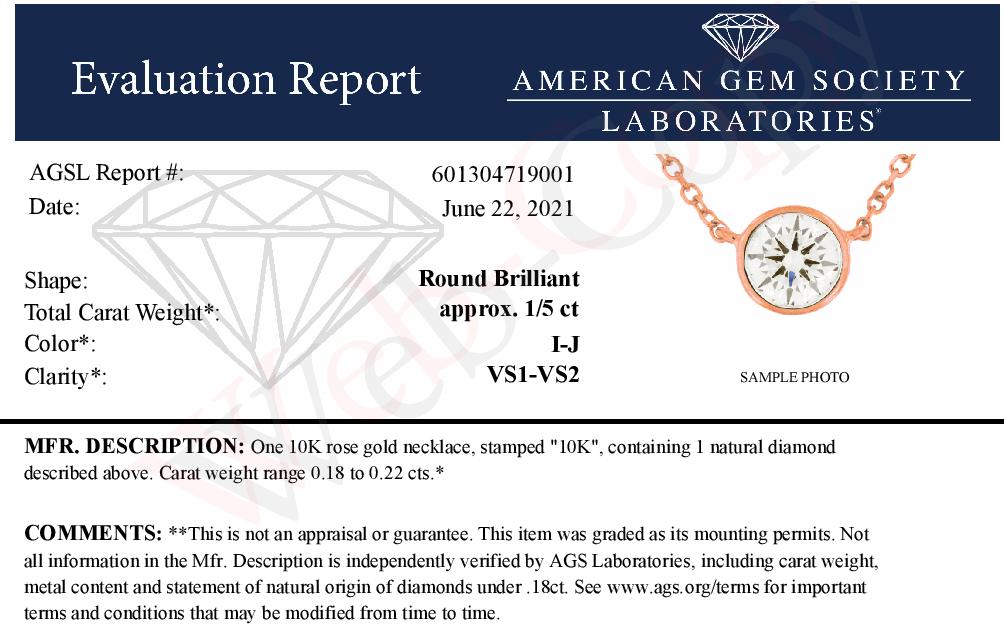 AGS Certified 10K Rose Gold 1/5 Cttw Bezel Set Round Diamond Solitaire 16-18" Adjustable Pendant Necklace (I-J Color, VS1-VS2 Clarity)-3