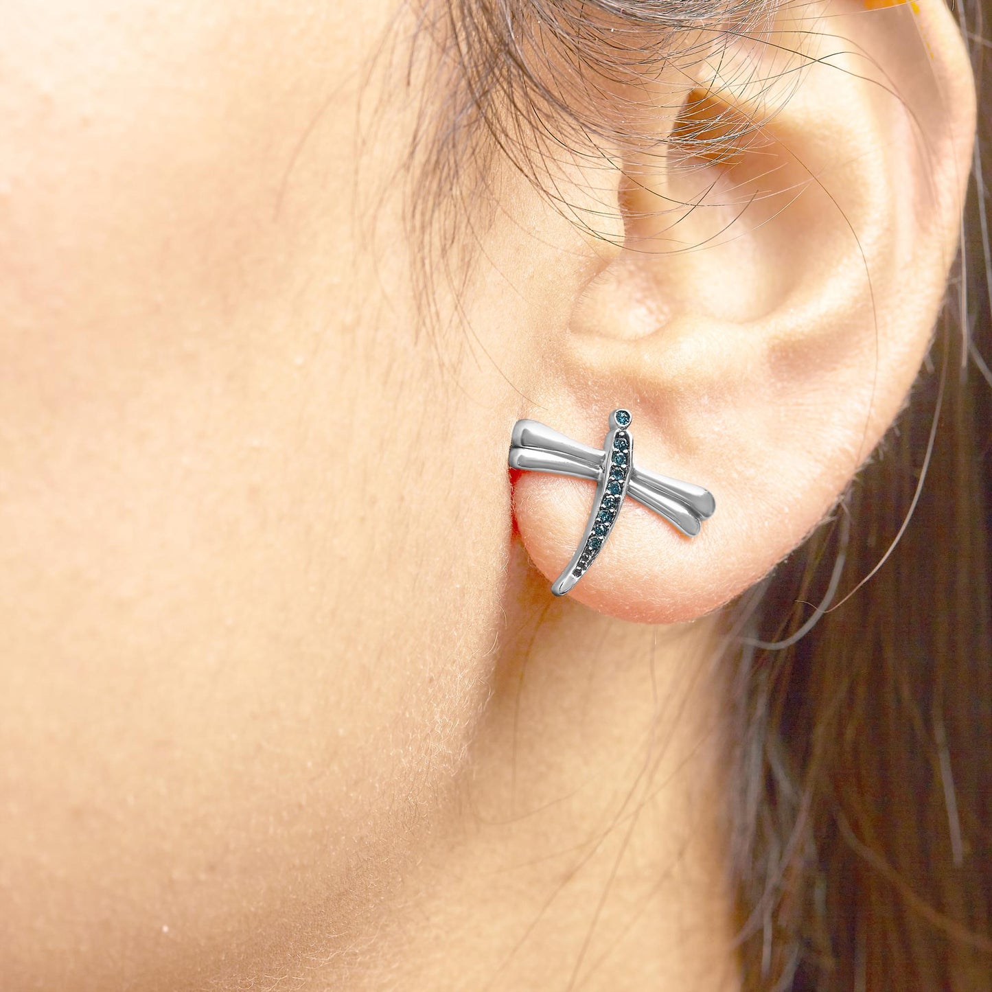 .925 Sterling Silver Blue Diamond Accent Dragonfly Stud Earrings (Blue Color, I2-I3 Clarity)-4