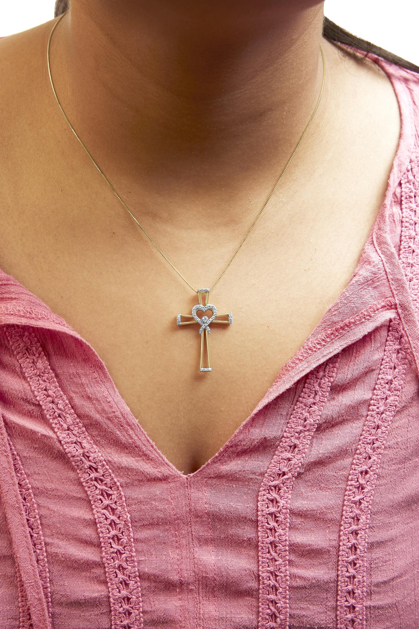 14K Yellow Gold Plated .925 Sterling Silver 1/6 Cttw Diamond Interlocking Heart and Ribbon Cross Pendant Necklace (H-I Color, I2-I3 Clarity) - 18" Inches-3