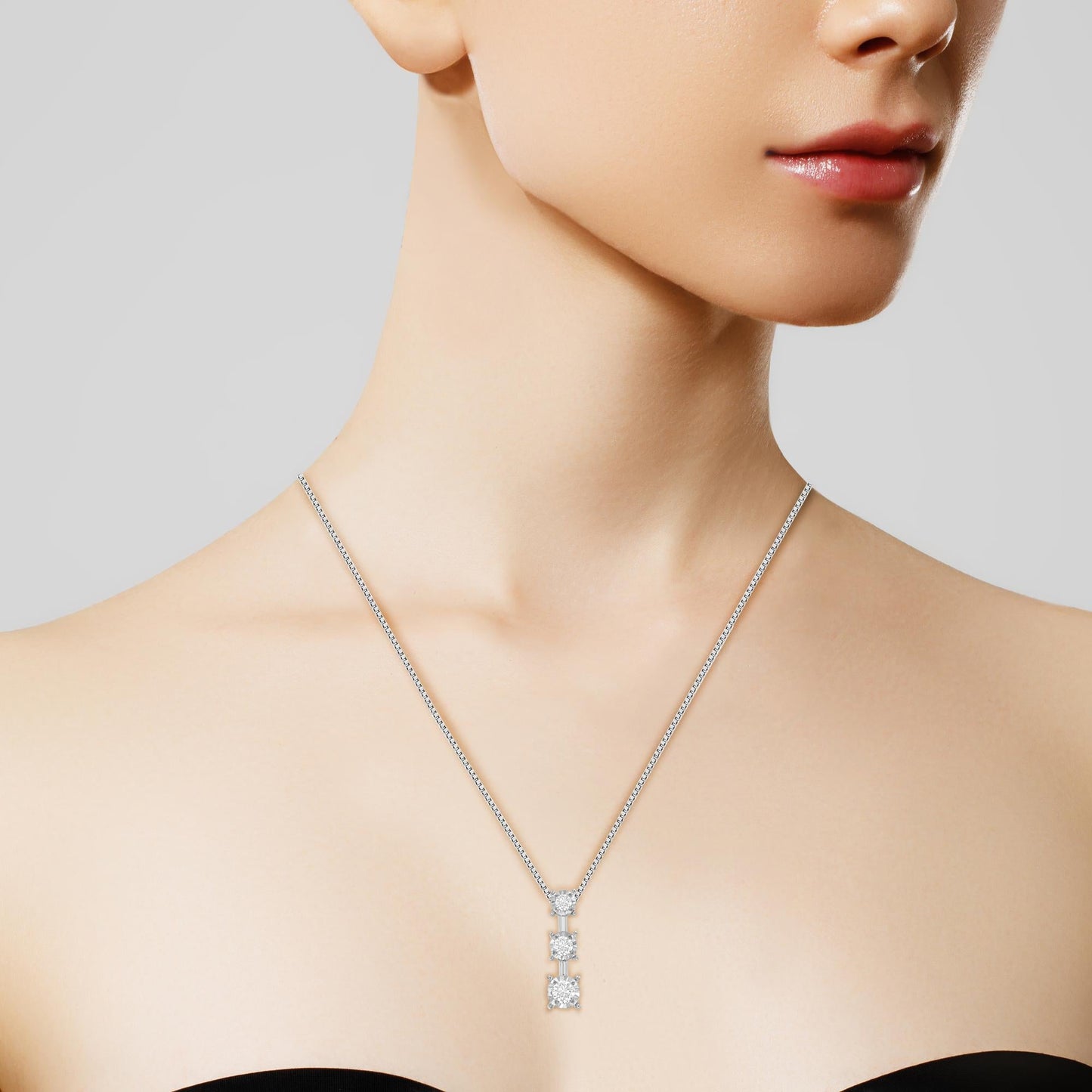 10K White Gold 1/4 cttw Diamond 3 Stone Drop Pendant Necklace (J-K, I1-I2)-2