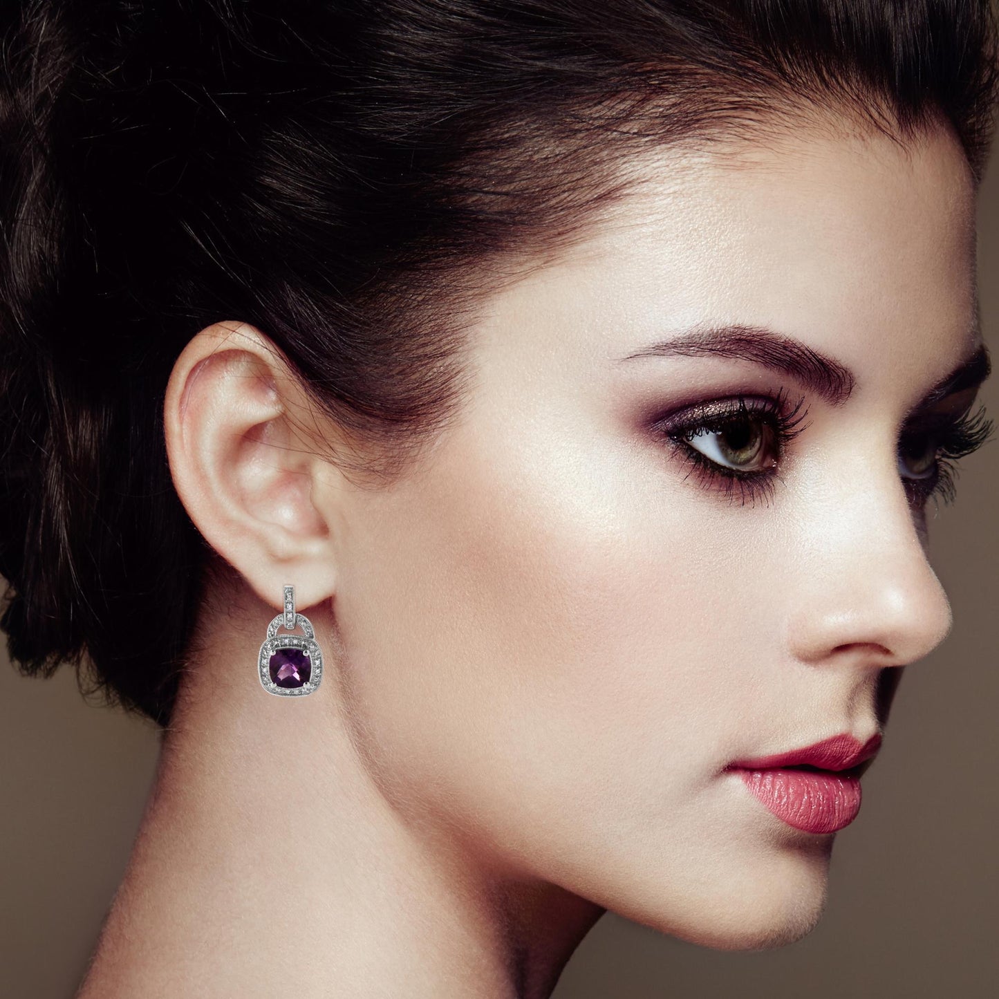 .925 Sterling Silver 8MM Natural Cushion Shaped Amethyst and Diamond Accent Halo with Push Back Dangle Earrings (I-J Color, I2-I3 Clarity)-4