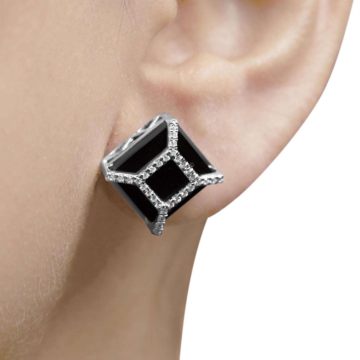 14K White Gold 3/8ct Diamond with 11x11MM Black Onyx Stud Earrings (G-H Color, SI1-SI2 Clarity)-3