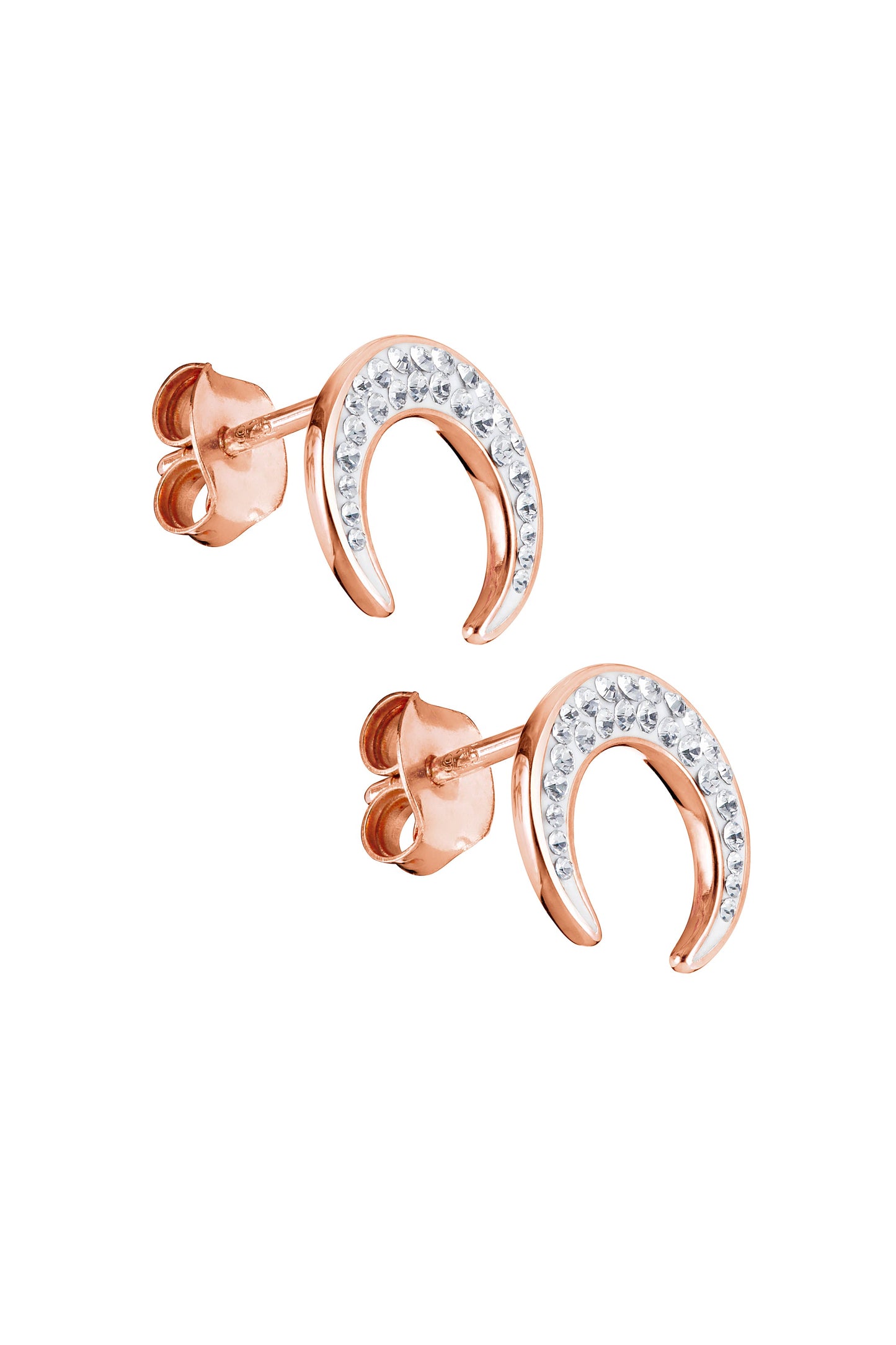 Sterling Silver Rose Gold Plated Crystal Crescent Moon Stud Earrings-1