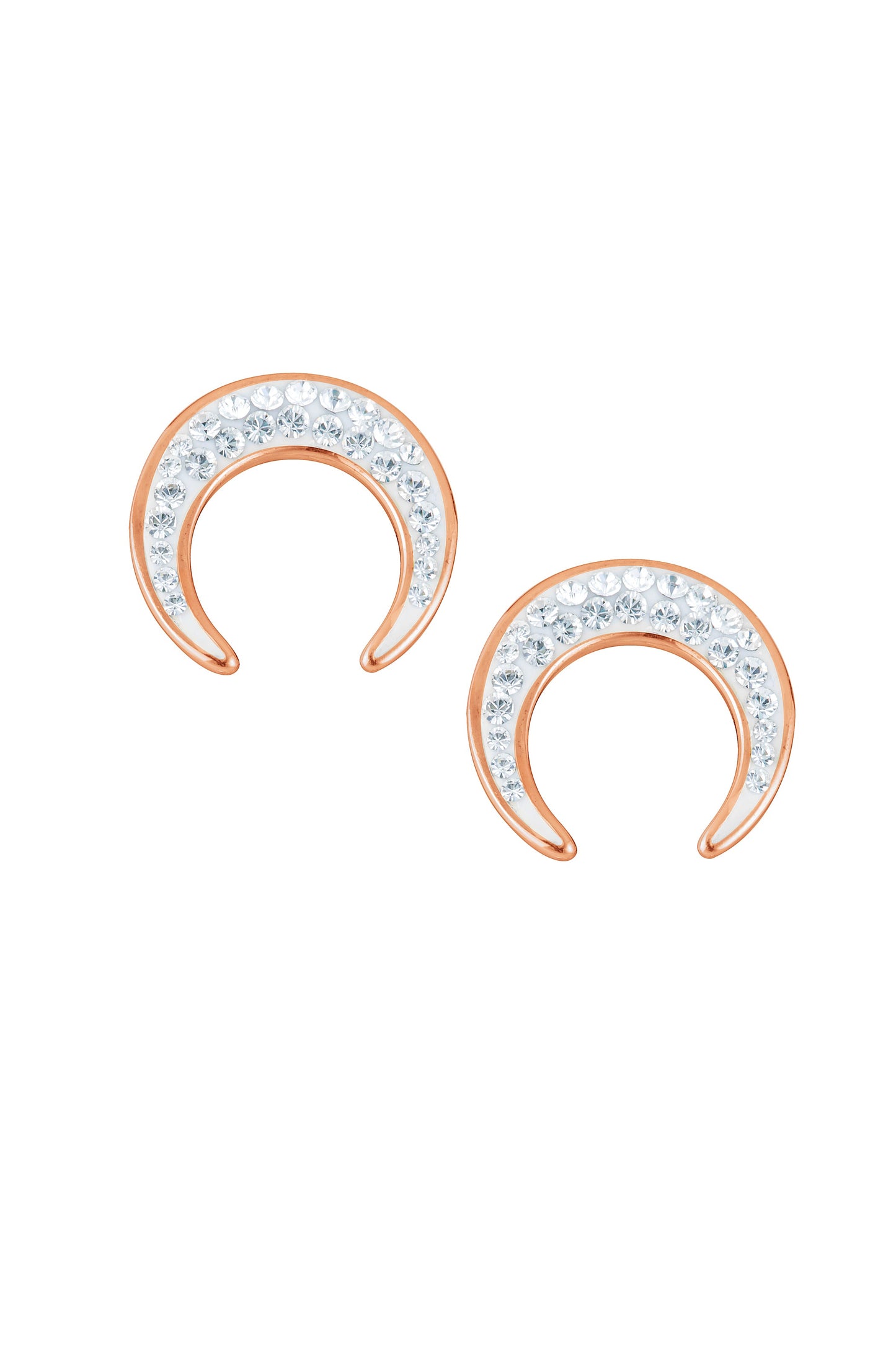 Sterling Silver Rose Gold Plated Crystal Crescent Moon Stud Earrings-2