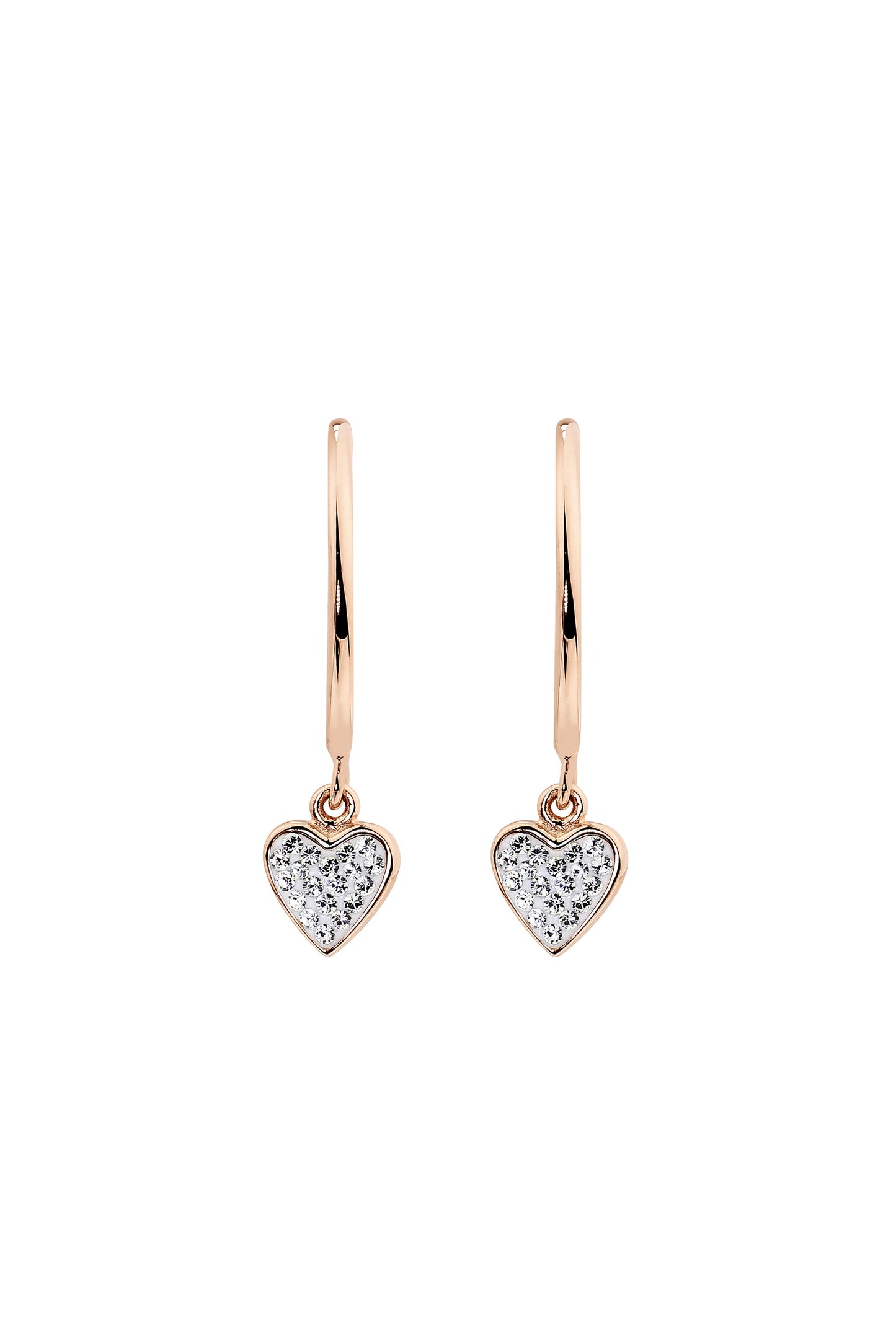 Sterling Silver Rose Gold Crystal Half Hoop Heart Charm Stud Earrings-1