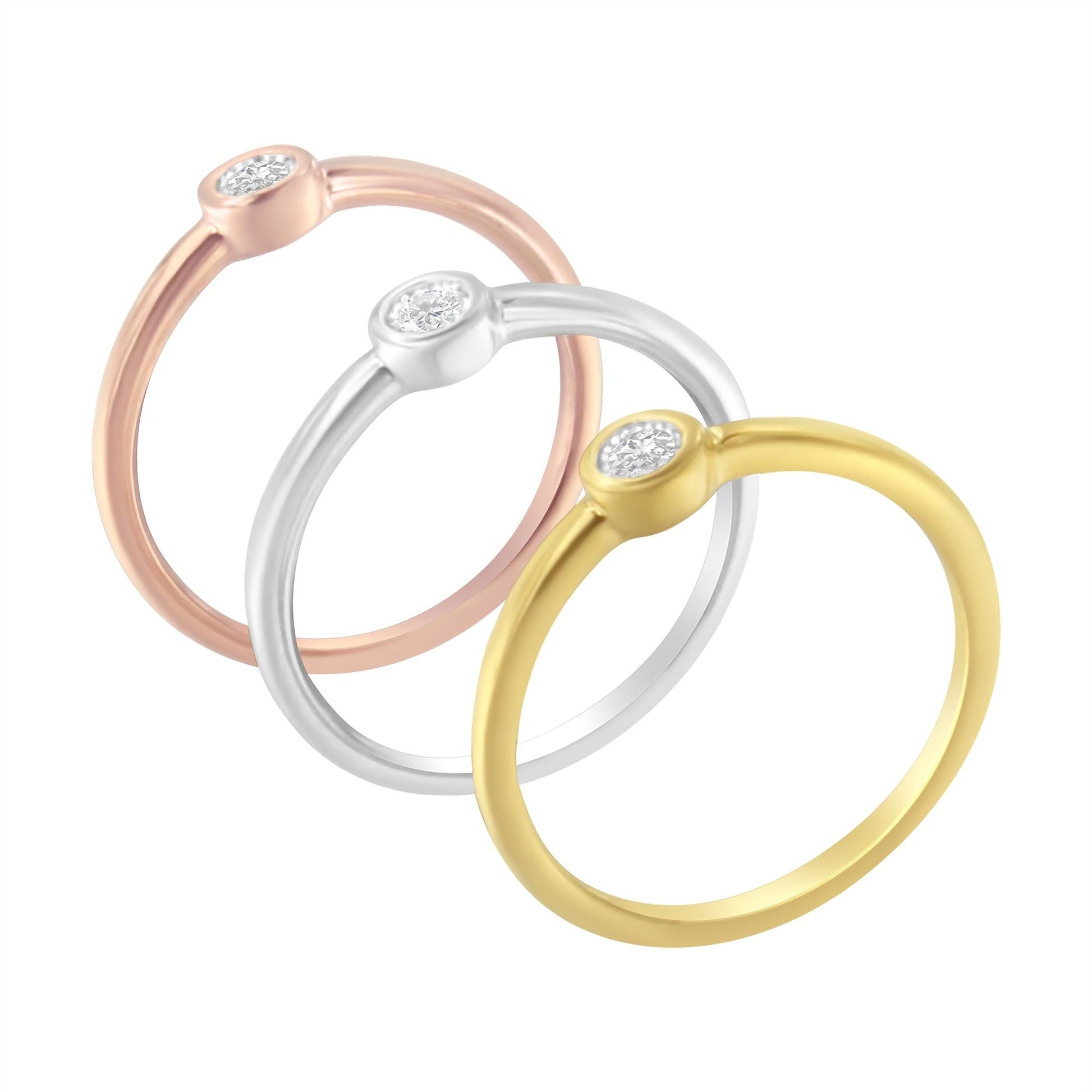 Tri-Color 14K Gold Plated .925 Sterling Silver 1/6 Cttw Round Miracle-Set Diamond Stacking Promise Ring Set (J-K Color, I1-I2 Clarity)-0