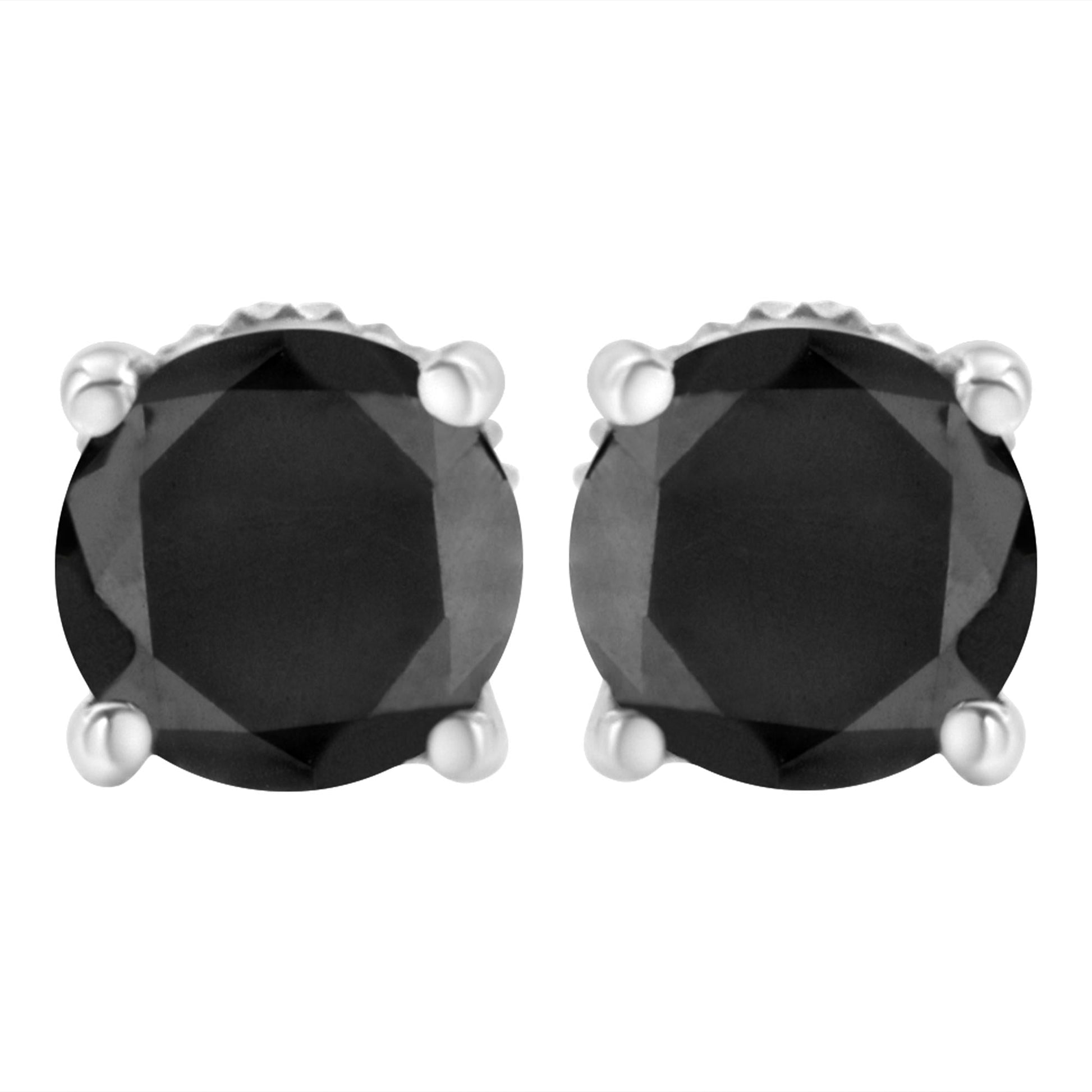 14K White Gold Round Brilliant-Cut Black Diamond Classic 4-Prong Stud Earrings with Screw Backs (Fancy Color-Enhanced, I2-I3 Clarity)-1