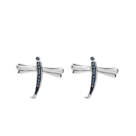 .925 Sterling Silver Blue Diamond Accent Dragonfly Stud Earrings (Blue Color, I2-I3 Clarity)-0