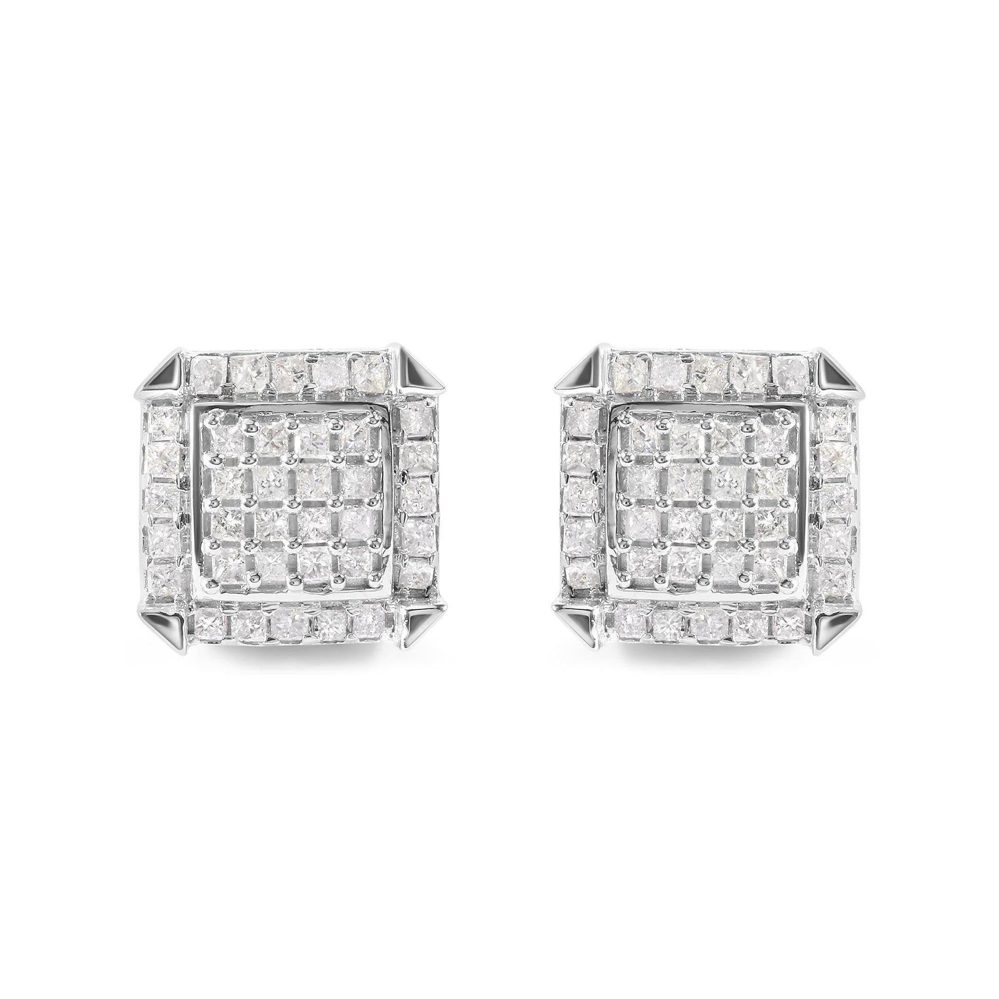 10K White Gold 1 1/10 Cttw Princess Diamond Composite and Halo Stud Earrings (I-J Color, I1-I2 Clarity)-0