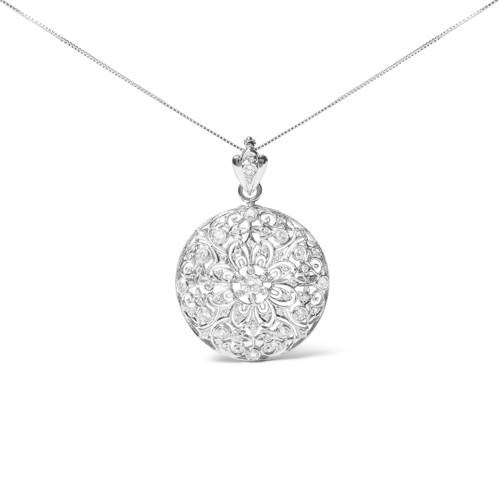 18K White Gold 1 5/6 Cttw Diamond Cluster Floral Filigree Brooch Pin and 18" Pendant Necklace (G-H Color, I1-I2 Clarity)-0