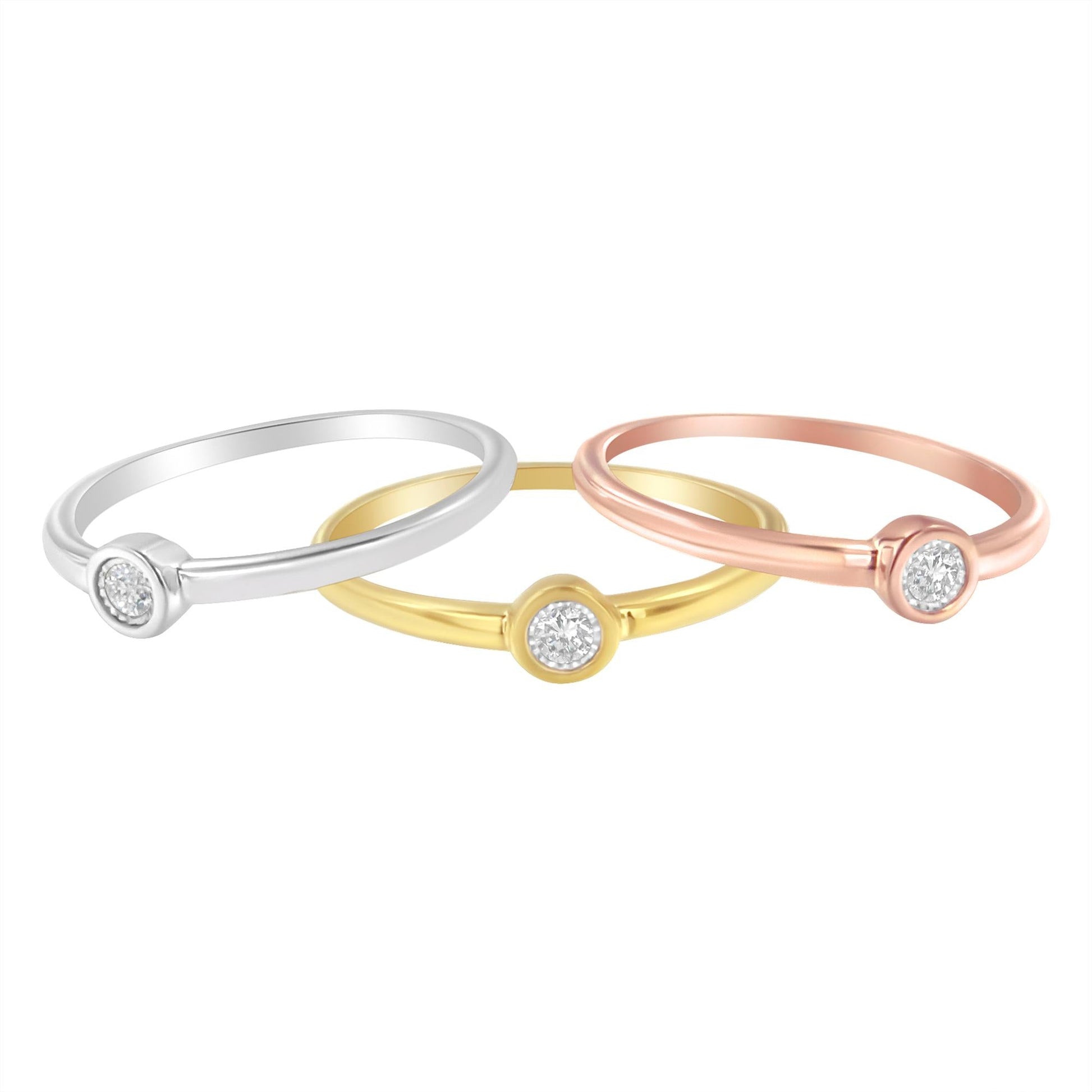 Tri-Color 14K Gold Plated .925 Sterling Silver 1/6 Cttw Round Miracle-Set Diamond Stacking Promise Ring Set (J-K Color, I1-I2 Clarity)-1