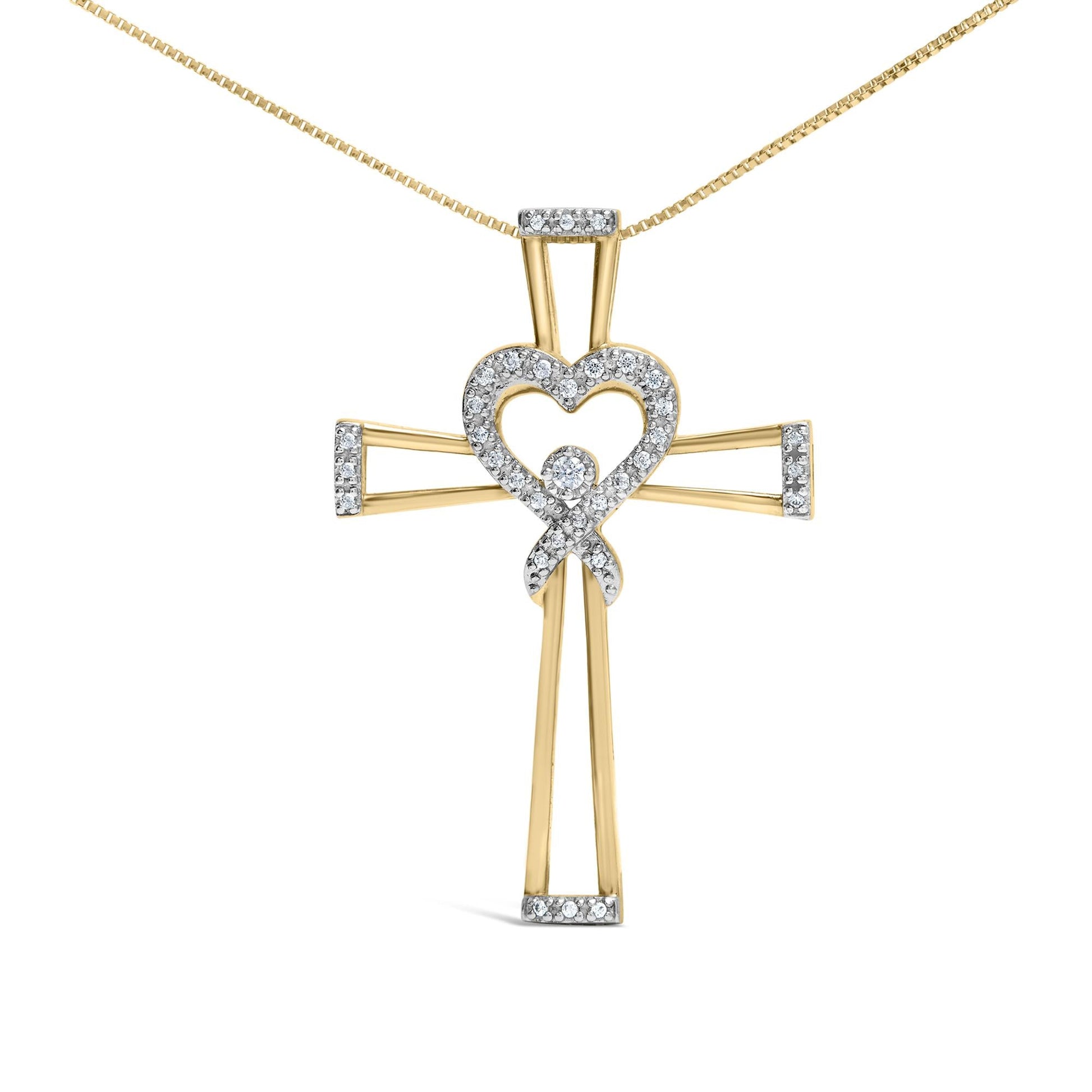 14K Yellow Gold Plated .925 Sterling Silver 1/6 Cttw Diamond Interlocking Heart and Ribbon Cross Pendant Necklace (H-I Color, I2-I3 Clarity) - 18" Inches-1