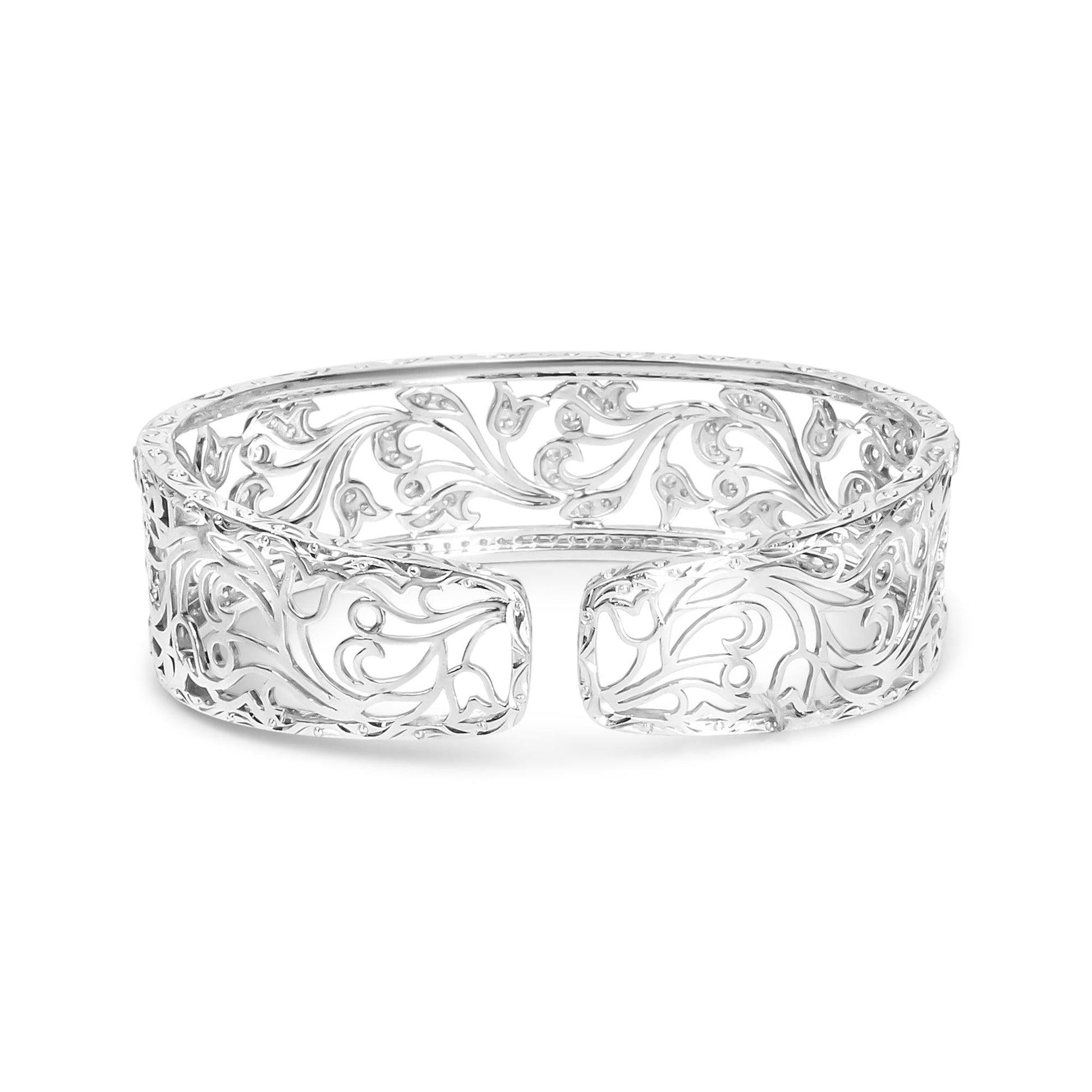 18K White Gold 3 1/4 Cttw Pave Diamond Openwork Floral Filigree Swirl Bangle Cuff Bracelet (H-I Color, VS2-SI1 Clarity)-1