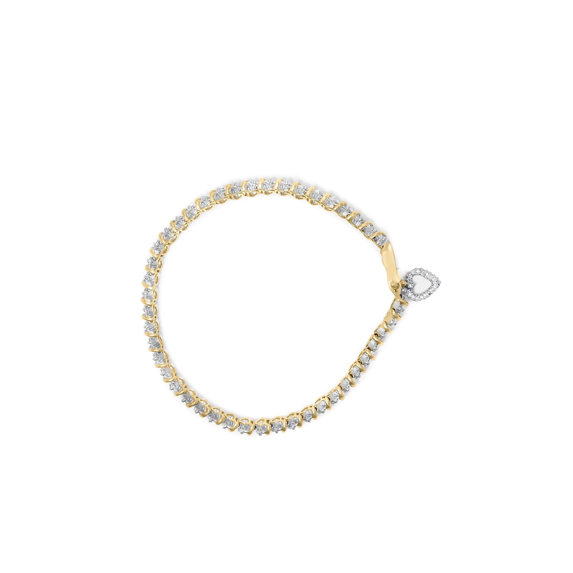 10K Yellow Gold over .925 Sterling Silver 2.0 Cttw Diamond Heart Charm 7" Link Bracelet (I-J Color, I3 Clarity)-2