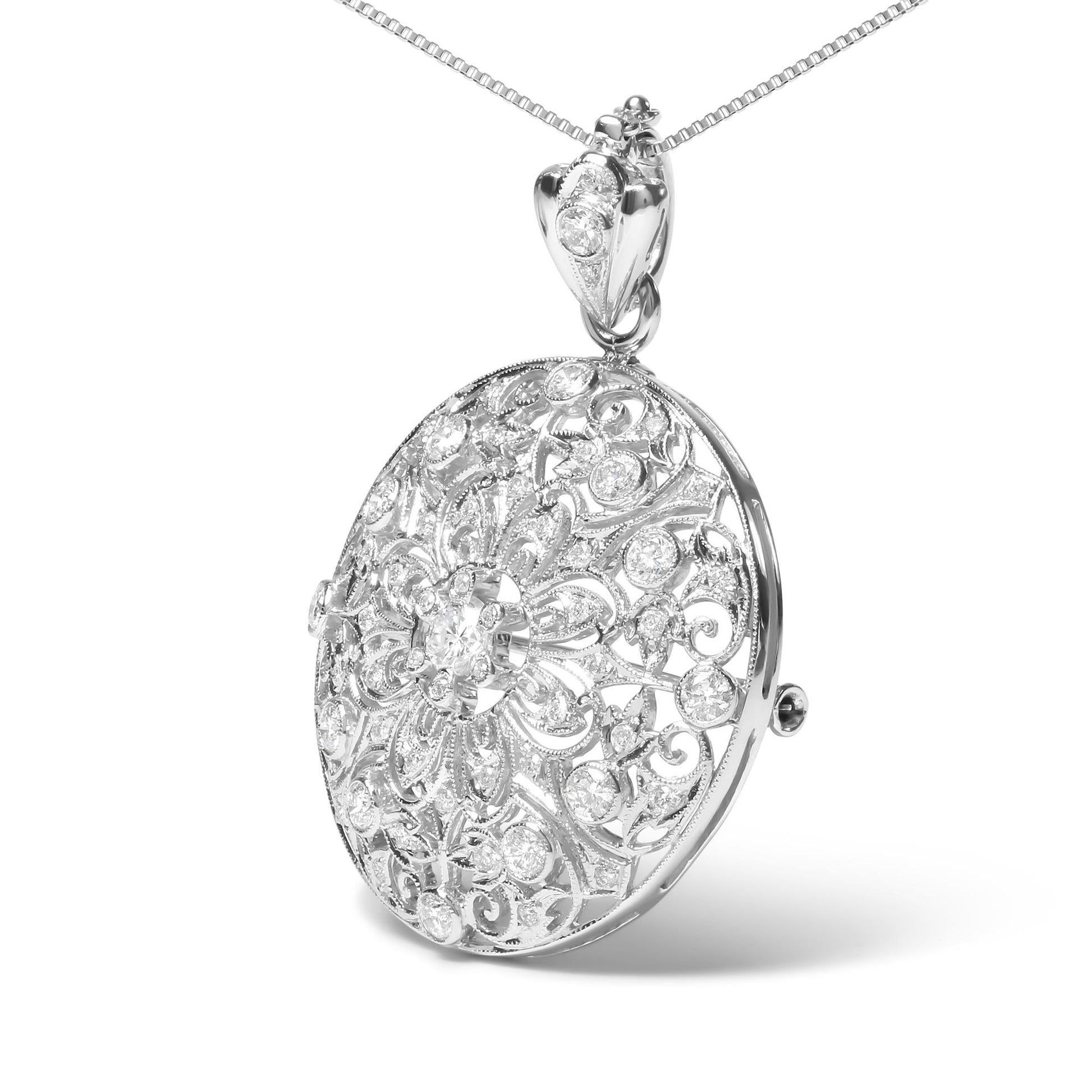 18K White Gold 1 5/6 Cttw Diamond Cluster Floral Filigree Brooch Pin and 18" Pendant Necklace (G-H Color, I1-I2 Clarity)-2
