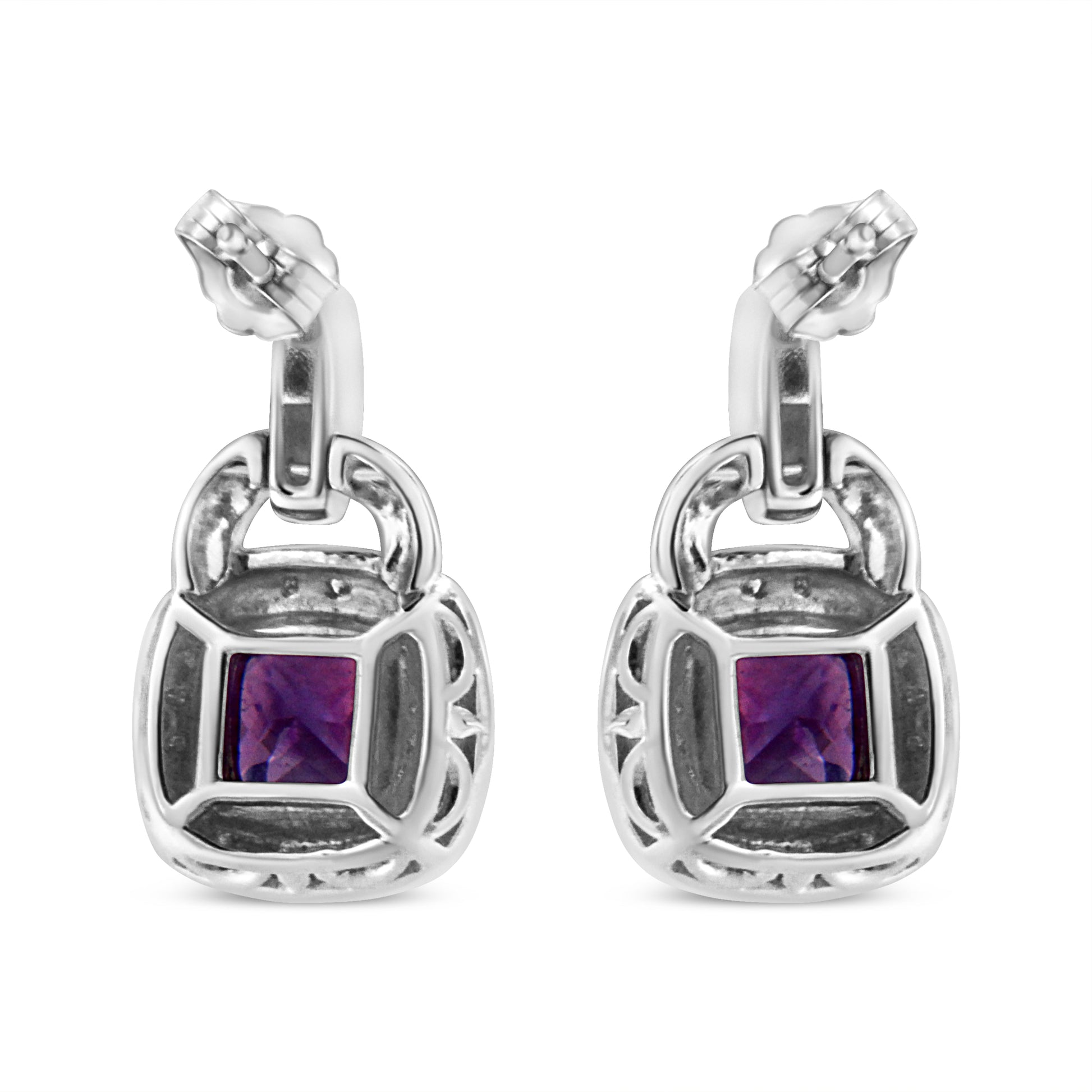 .925 Sterling Silver 8MM Natural Cushion Shaped Amethyst and Diamond Accent Halo with Push Back Dangle Earrings (I-J Color, I2-I3 Clarity)-3