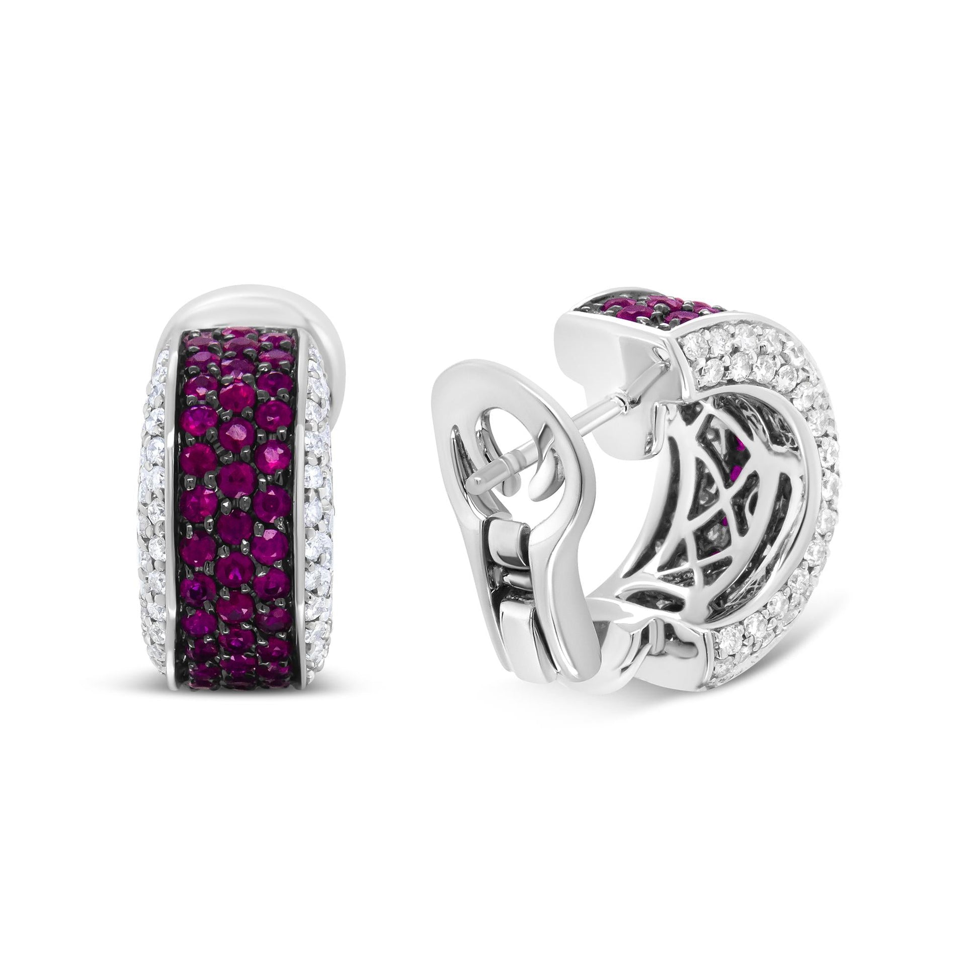 18K White Gold and Black Rhodium Plated 3/4 Cttw Round Diamonds and 1mm Round Red Ruby Huggie Hoop Earrings (F-G Color, VS1-VS2 Clarity)-3