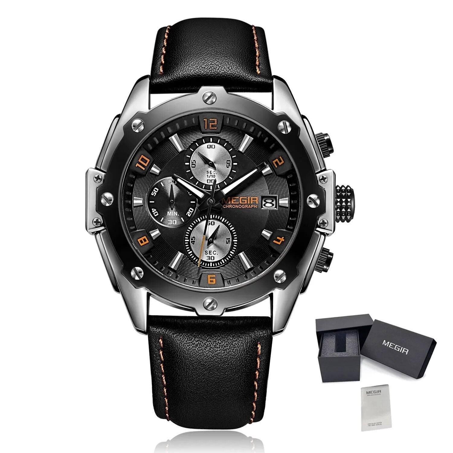 MEGIR Black Mens Watches Top Brand Luxury Chronograph Sports Quartz Wrist Watch Man Clock Waterproof Army Military Wristwatches-11