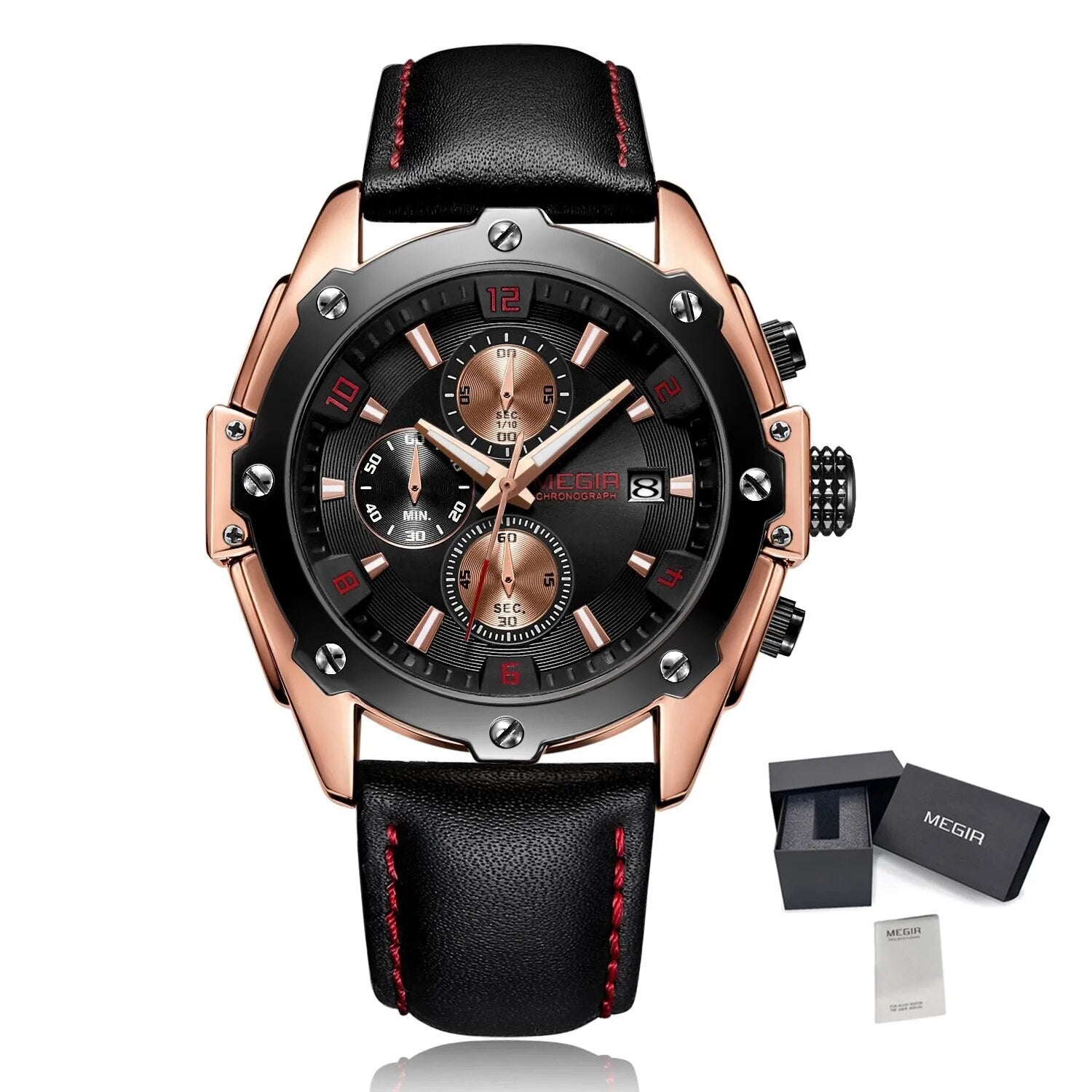 MEGIR Black Mens Watches Top Brand Luxury Chronograph Sports Quartz Wrist Watch Man Clock Waterproof Army Military Wristwatches-10