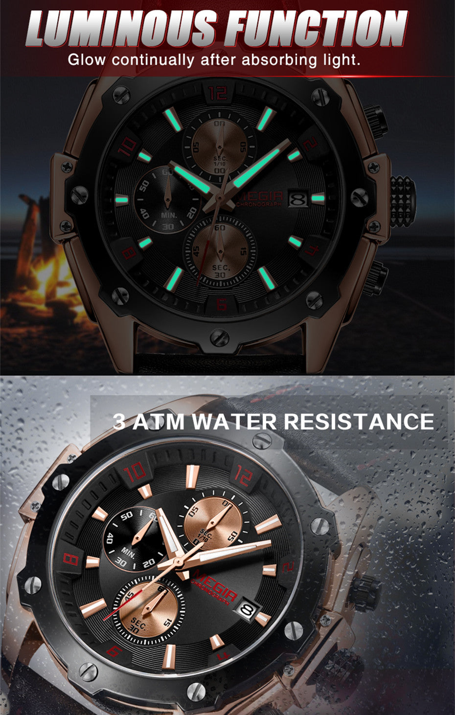 MEGIR Black Mens Watches Top Brand Luxury Chronograph Sports Quartz Wrist Watch Man Clock Waterproof Army Military Wristwatches-9