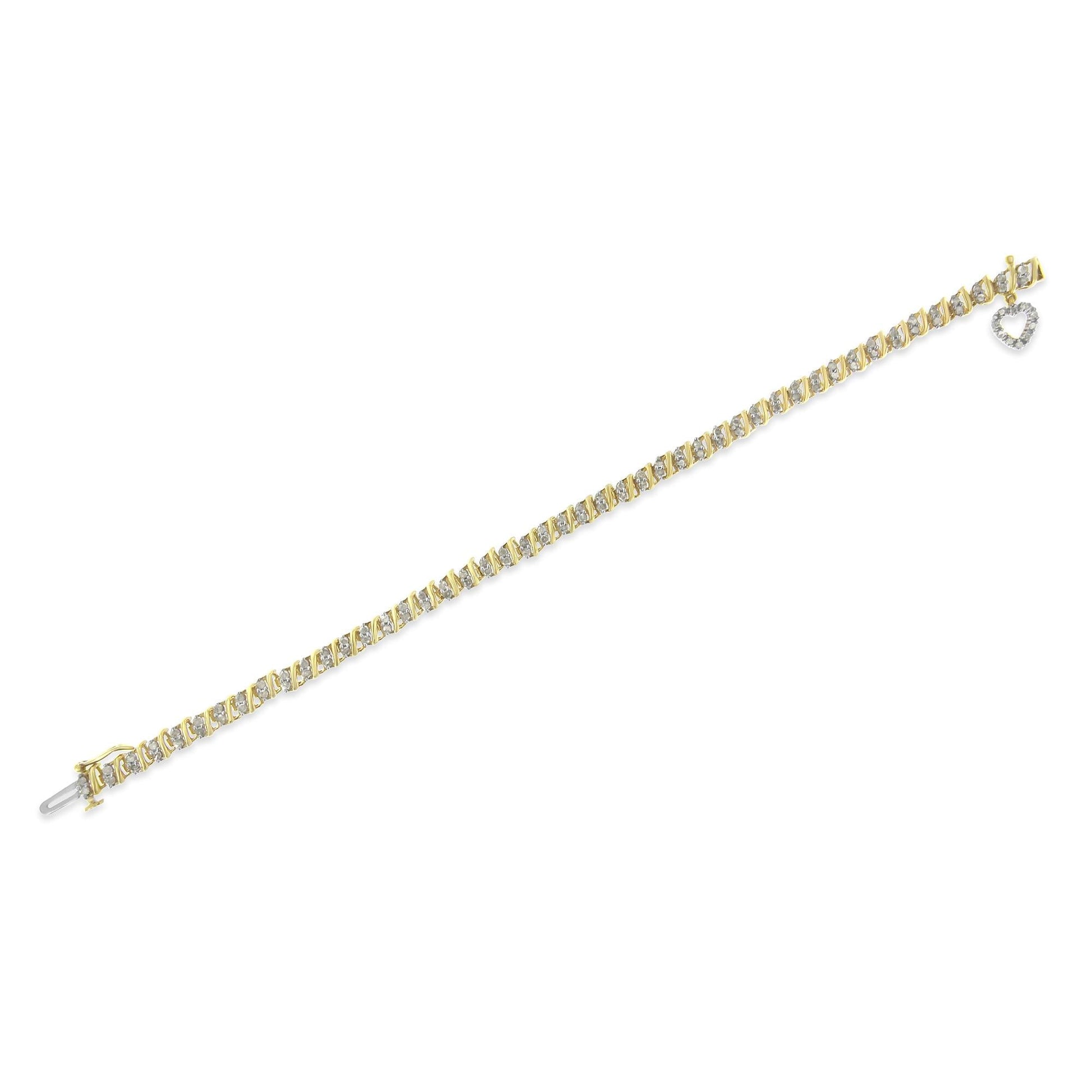 10K Yellow Gold over .925 Sterling Silver 2.0 Cttw Diamond Heart Charm 7" Link Bracelet (I-J Color, I3 Clarity)-4