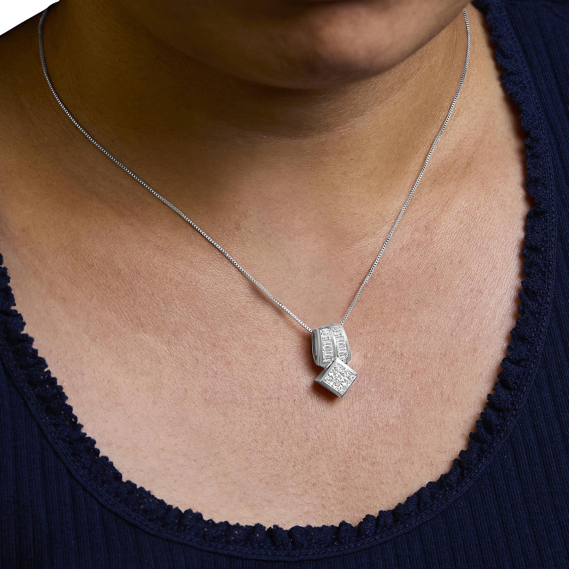 14K White Gold 1 1/2 Cttw Princess and Baguette Cut Diamond Multi-shape 18" Pendant Necklace (G-H Color, VS1-VS2 Clarity)-3