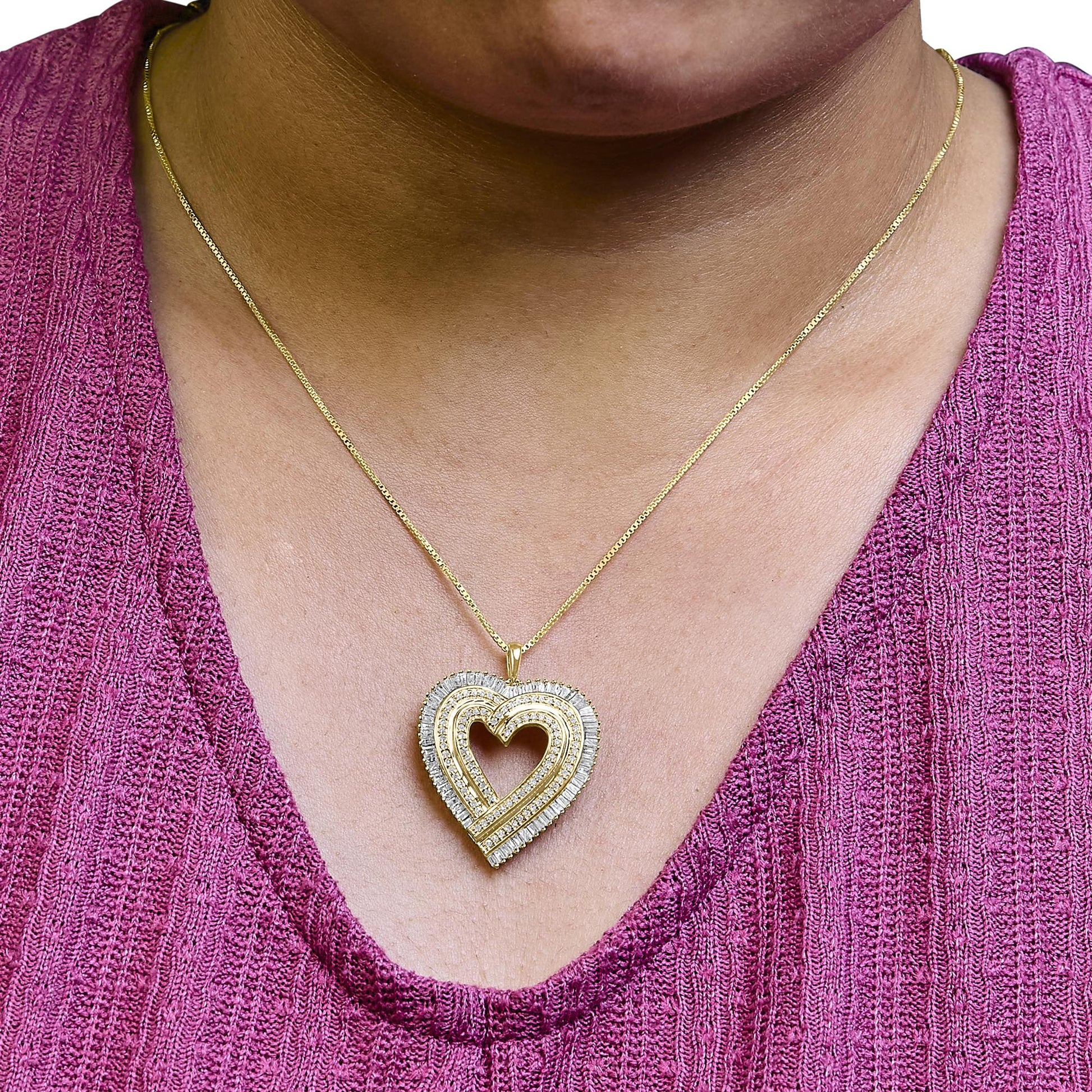14K Yellow Gold Plated .925 Sterling Silver 1/4 Cttw Round and Baguette-Cut Diamond Composite Heart 18" Pendant Necklace (H-I Color, SI2-I1 Clarity)-3
