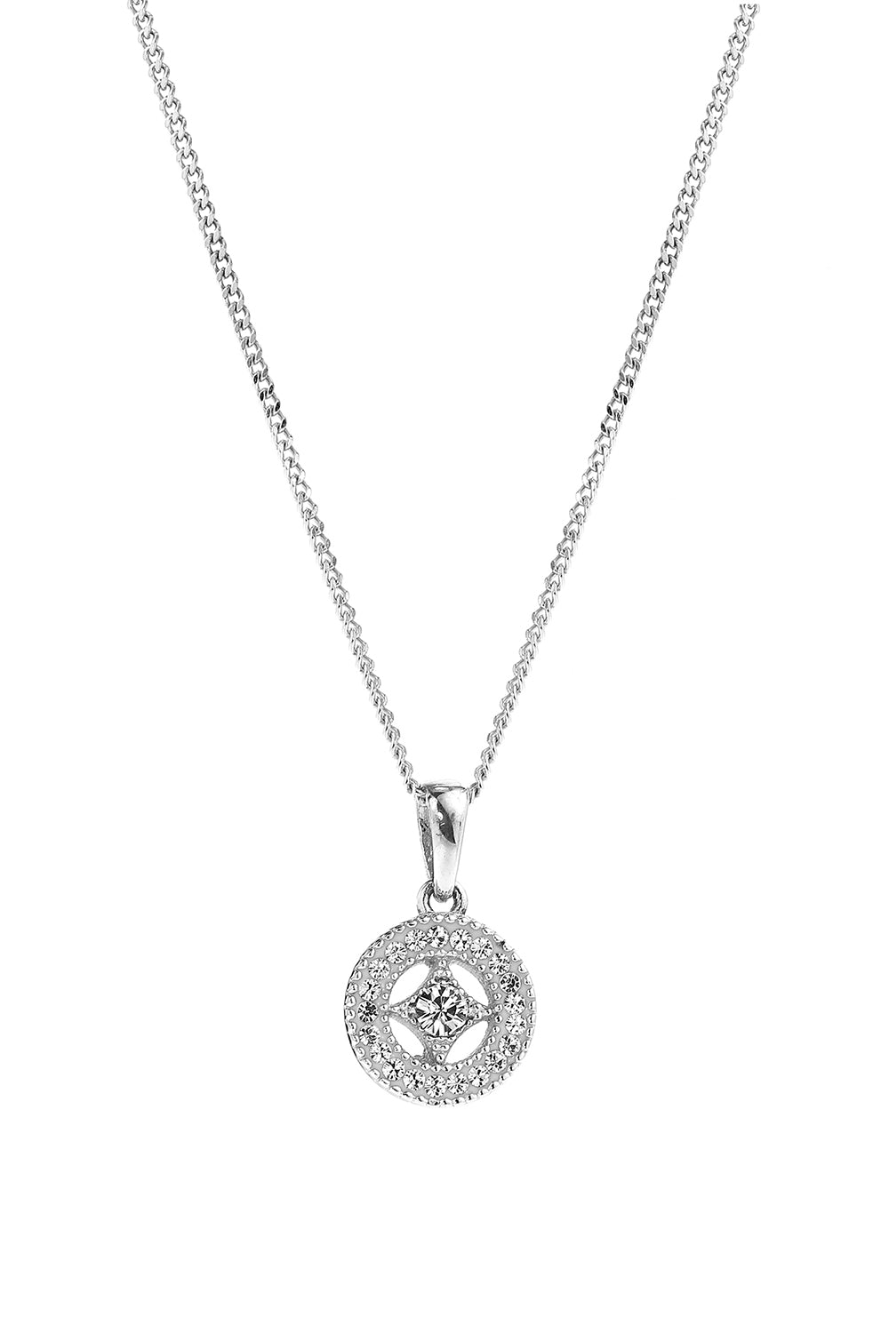 Sterling Silver Crystal Round Milgrain Pendant Necklace-0