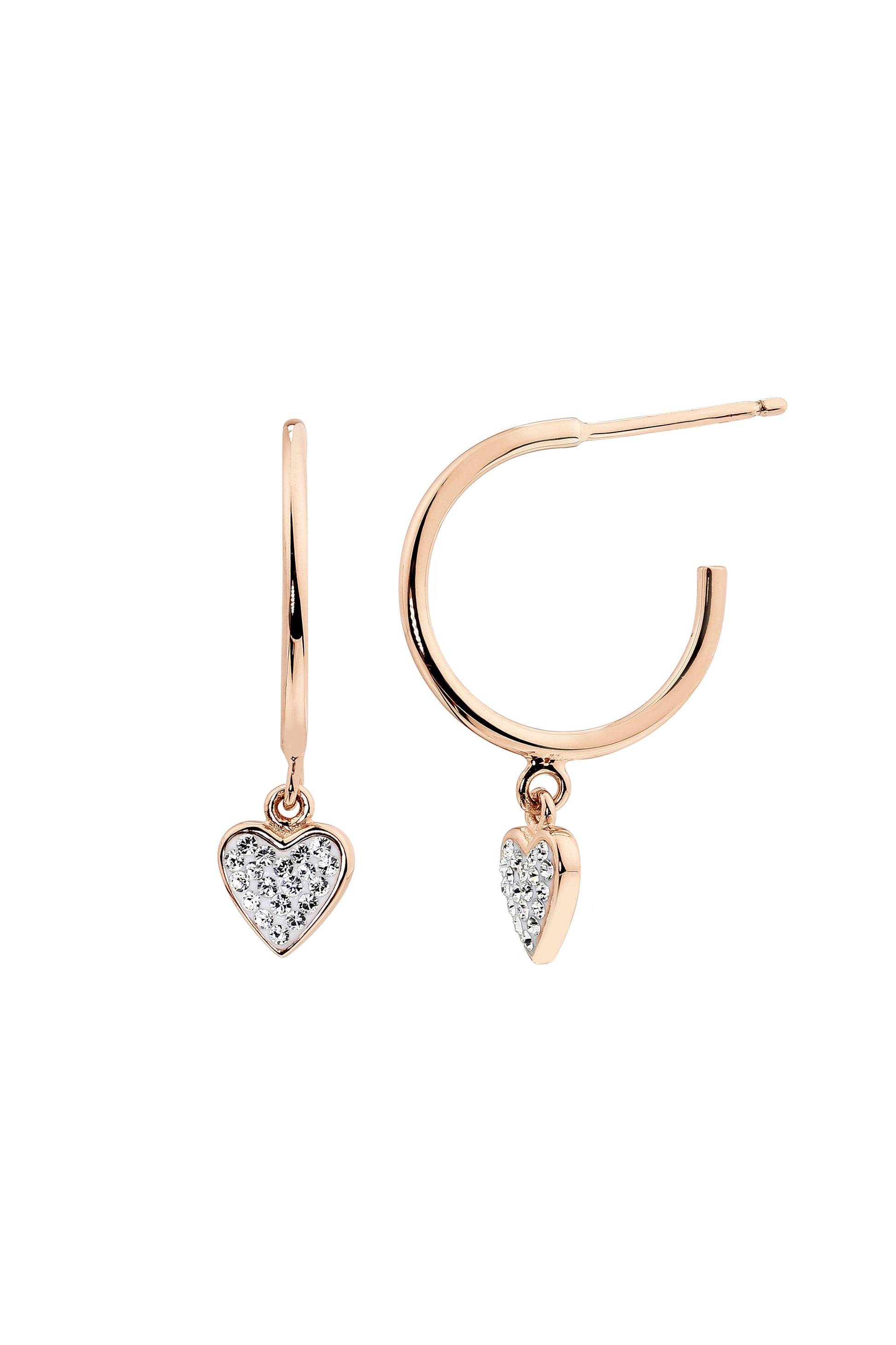 Sterling Silver Rose Gold Crystal Half Hoop Heart Charm Stud Earrings-0