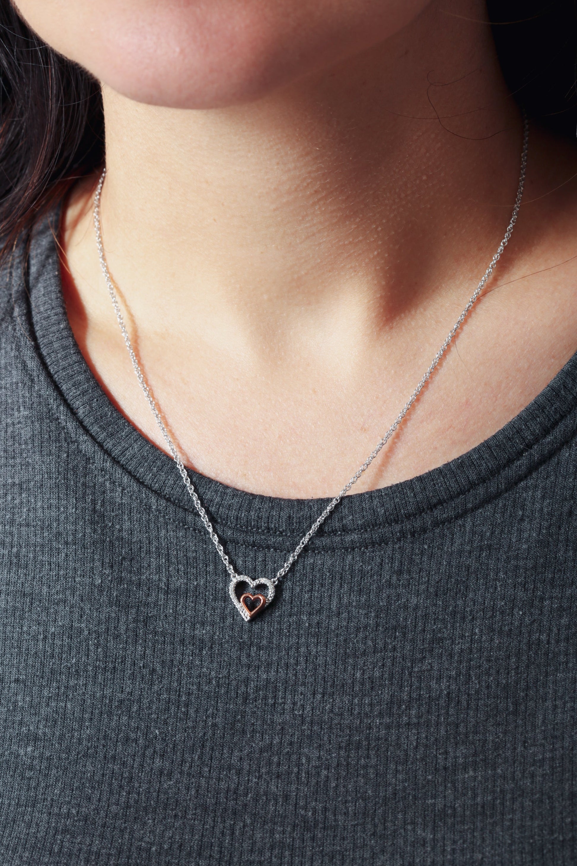 Rose Gold Plate and Sterling Silver Diamond Double Heart Pendant Necklace-2